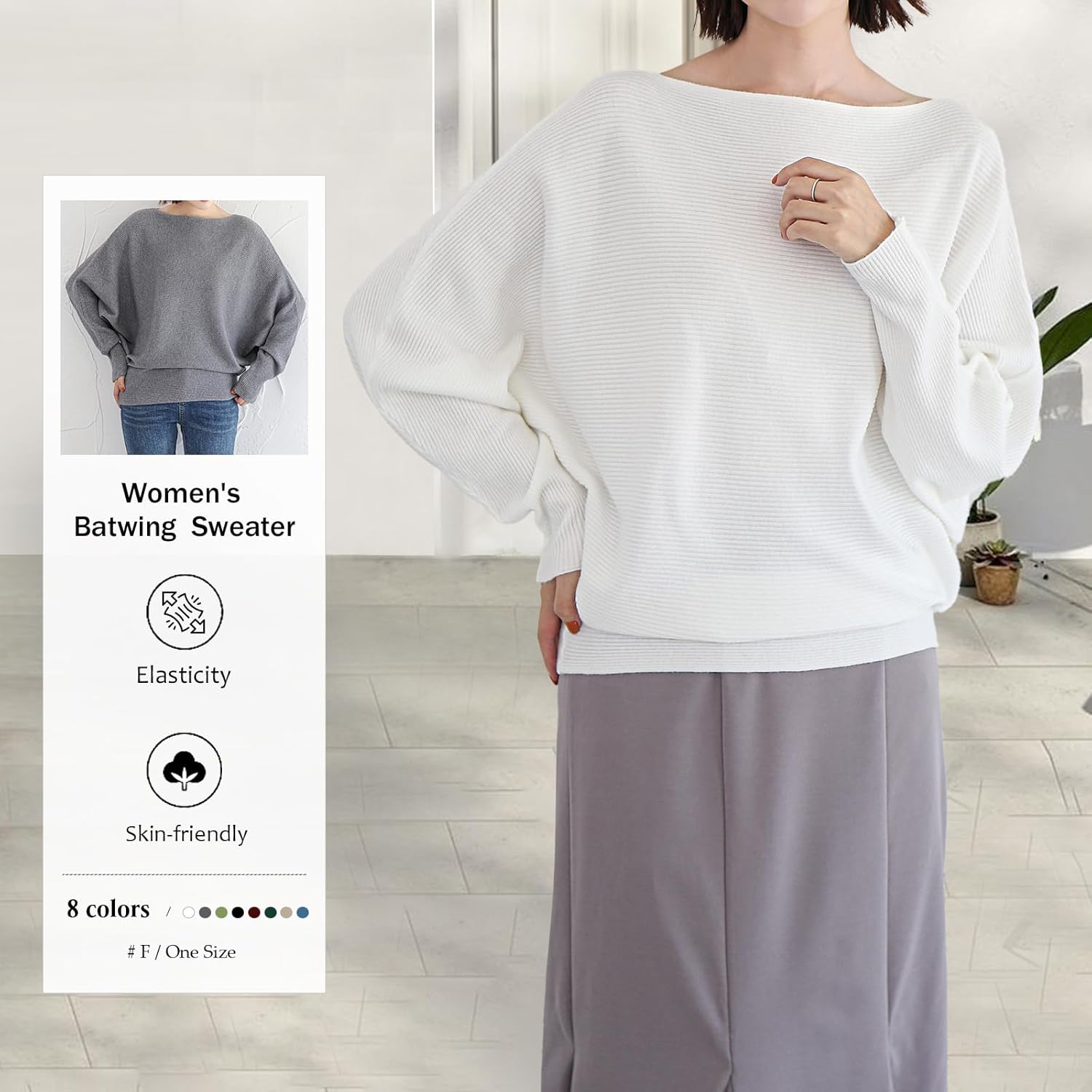 Women's Batwing Long Sleeve Pullover Sweater - Oversize Boat Neck Knitted Ribbed Pullovers with Dolman Sleeve - Image 2