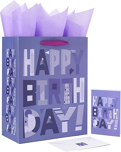 Miniatura 1 de Juego de bolsas de regalo moradas grandes de 13 pulgadas con tarjeta de felicitación y papel de seda lavanda (feliz cumpleaños de dibujos animados)