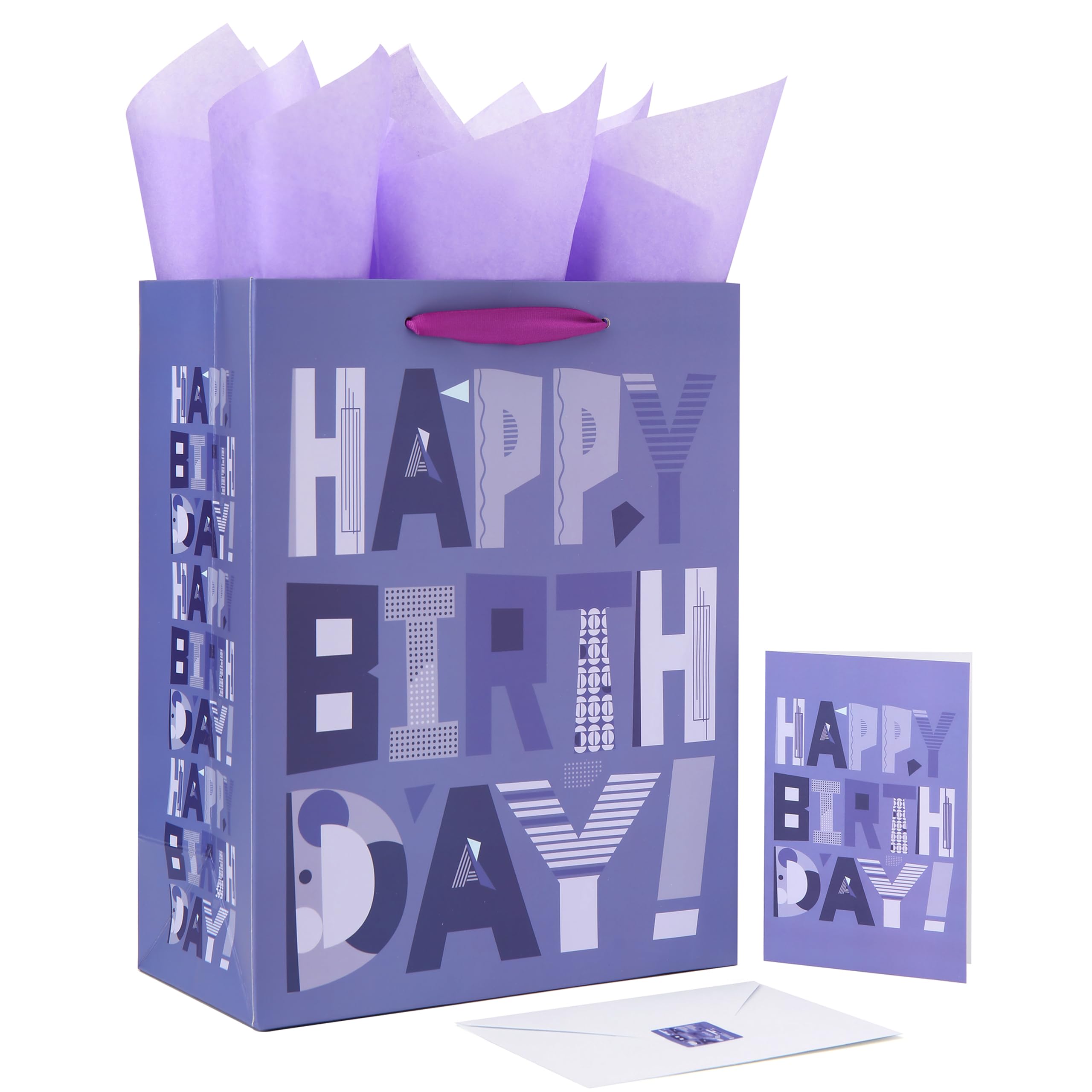 13" Large Purple Gift Bag Set with Greeting Card and Lavender Tissue Papers (Cartoon Happy Birthday) for Women's Birthday Party, Girls' Party, Baby