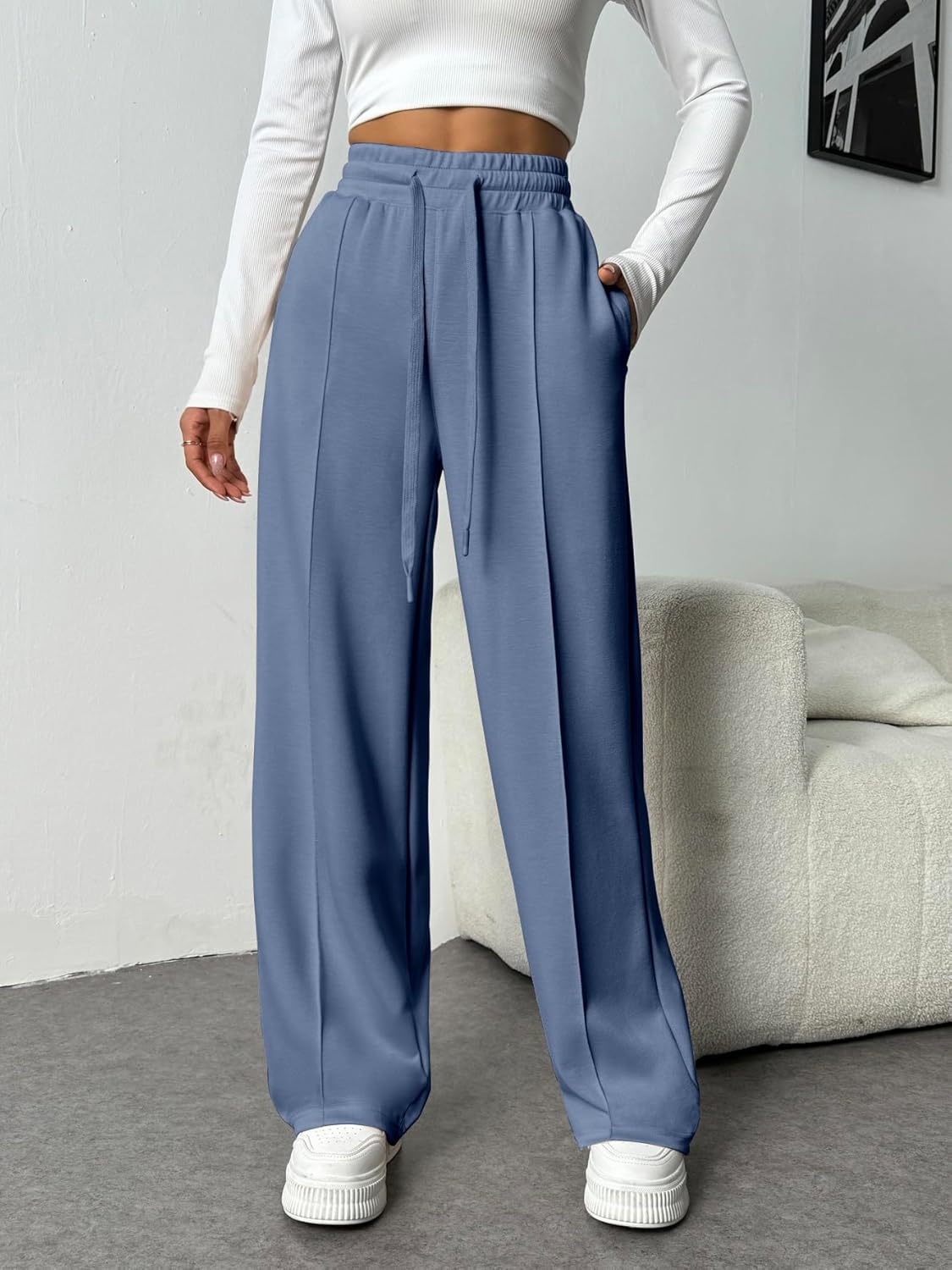 PINSPARK Wide Leg Sweatpants Women High Waisted Baggy Sweat Pants Elastic Elevated Seams Loose Active Pants with Pockets - Image 3