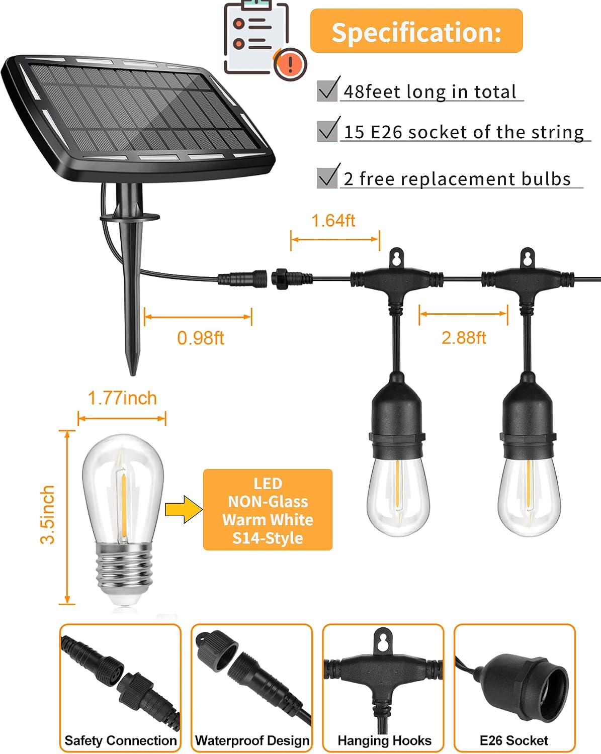 WENFENG 48ft Waterproof Solar String Lights for Patio -USB Powered Outdoor String Lights- with 15+2 Commercial Grade Shatterproof Vintage Led Edison Bulbs -Backyard Ambiance Lighting -Warm White