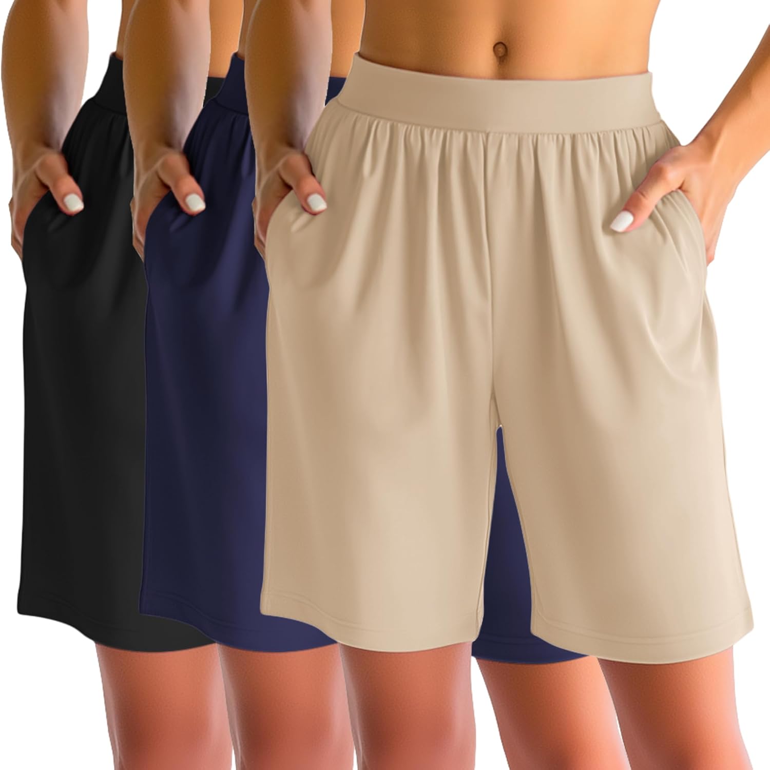 Huukeay 3 Pack Women's 8" Bermuda Shorts, High Waist Stretch Casual Knee Length Bottoms Summer Athletic Gym Short with Pocket