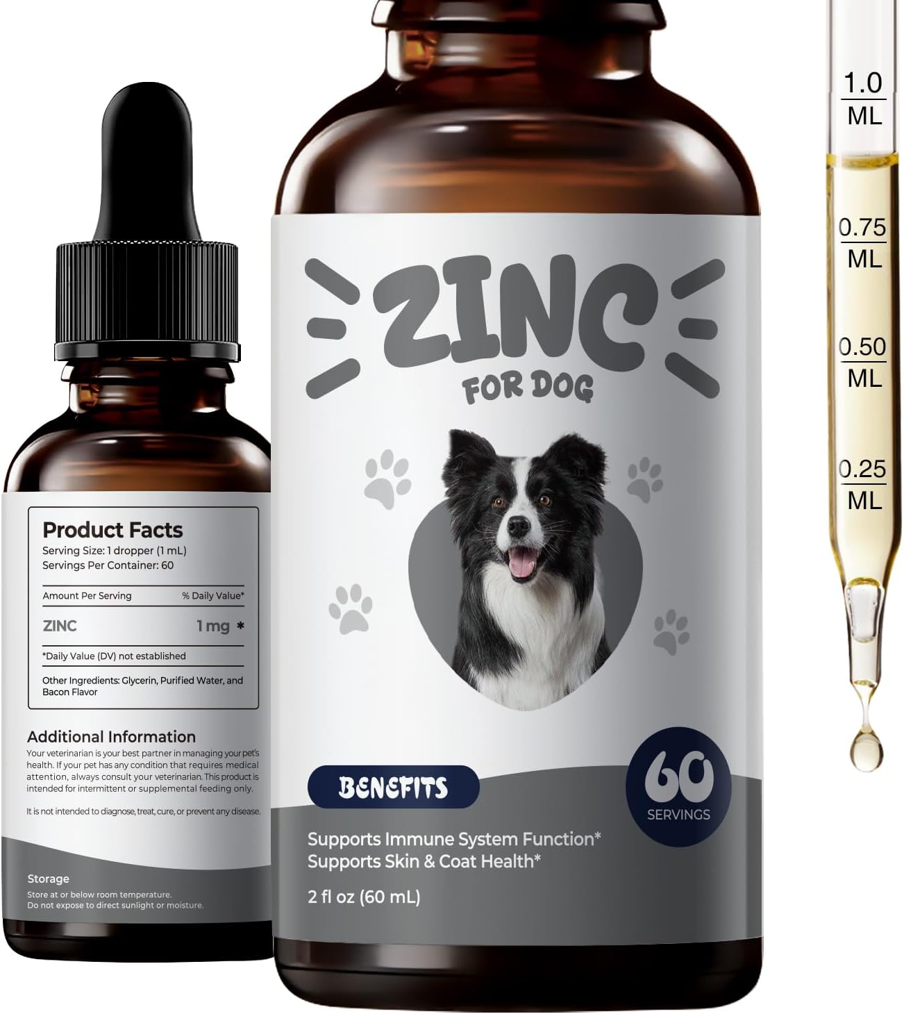 Zinc Drops for Dogs – Daily Mineral Support for Immune Balance & Skin Health, Liquid Zinc Supplement, Easy to Mix, Bacon Flavor, 2 fl oz (60 mL)