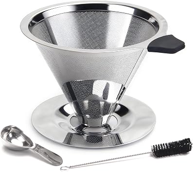 Stainless Steel Pour Over Coffee Dripper, Reusable Filter Paperless Cone Metal Coffee Maker for 1-2 Cup, Spoon and Cleaning Brush Offered