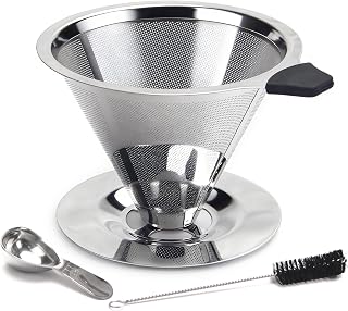 Stainless Steel Pour Over Coffee Dripper, Reusable Filter Paperless Cone | Metal Coffee Maker for 1-2 Cup, Spoon and Cleaning Brush Offered