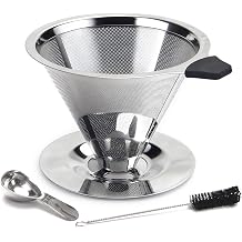 Stainless Steel Pour Over Coffee Dripper, Reusable Filter Paperless Cone | Metal Coffee Maker for 1-2 Cup, Spoon and Cleaning Brush Offered