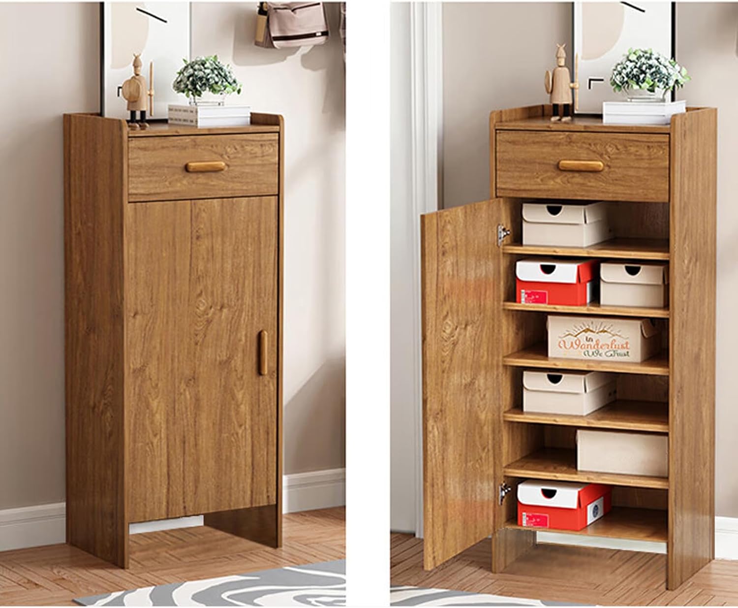 Shoe Storage Cabinet Freestanding Shoe Rack Cupboard with Adjustable Shelves and Single Door for Entryway Living Room 50x32x105cm A