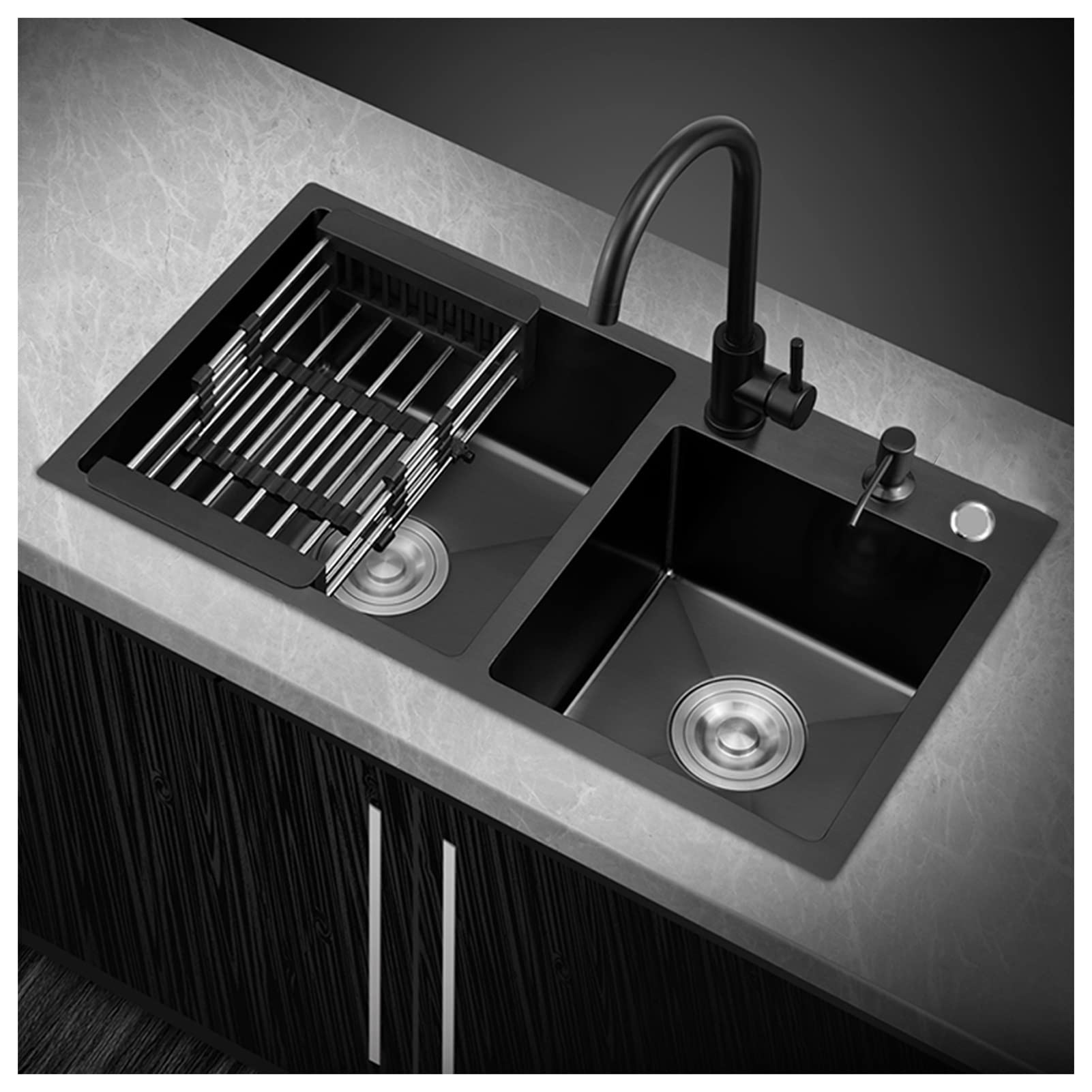 ZQFHSX 304 Stainless Steel Black Bar Sink Square Nano Kitchen RV With Faucet & Drain Top Mount Or Undermount (Color : Black-a, Size 75x41x22cm)