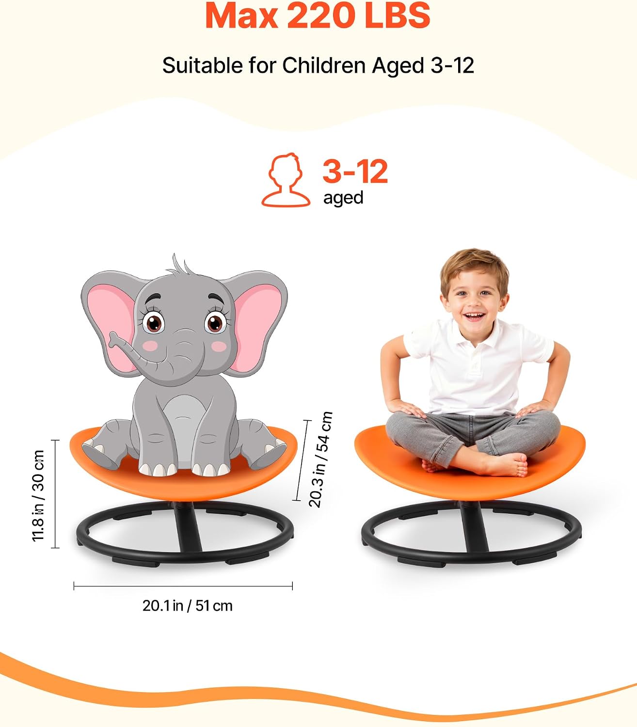 VEVOR Kids Swivel Chair, 220 lbs Capacity, Sensory Spinning Chair, Autistic Kids Sensory Toy Seat with Non-Slip Metal Base, Round Shape Toddler Sit & Spin Seat for Coordination Balance Focus, Orange