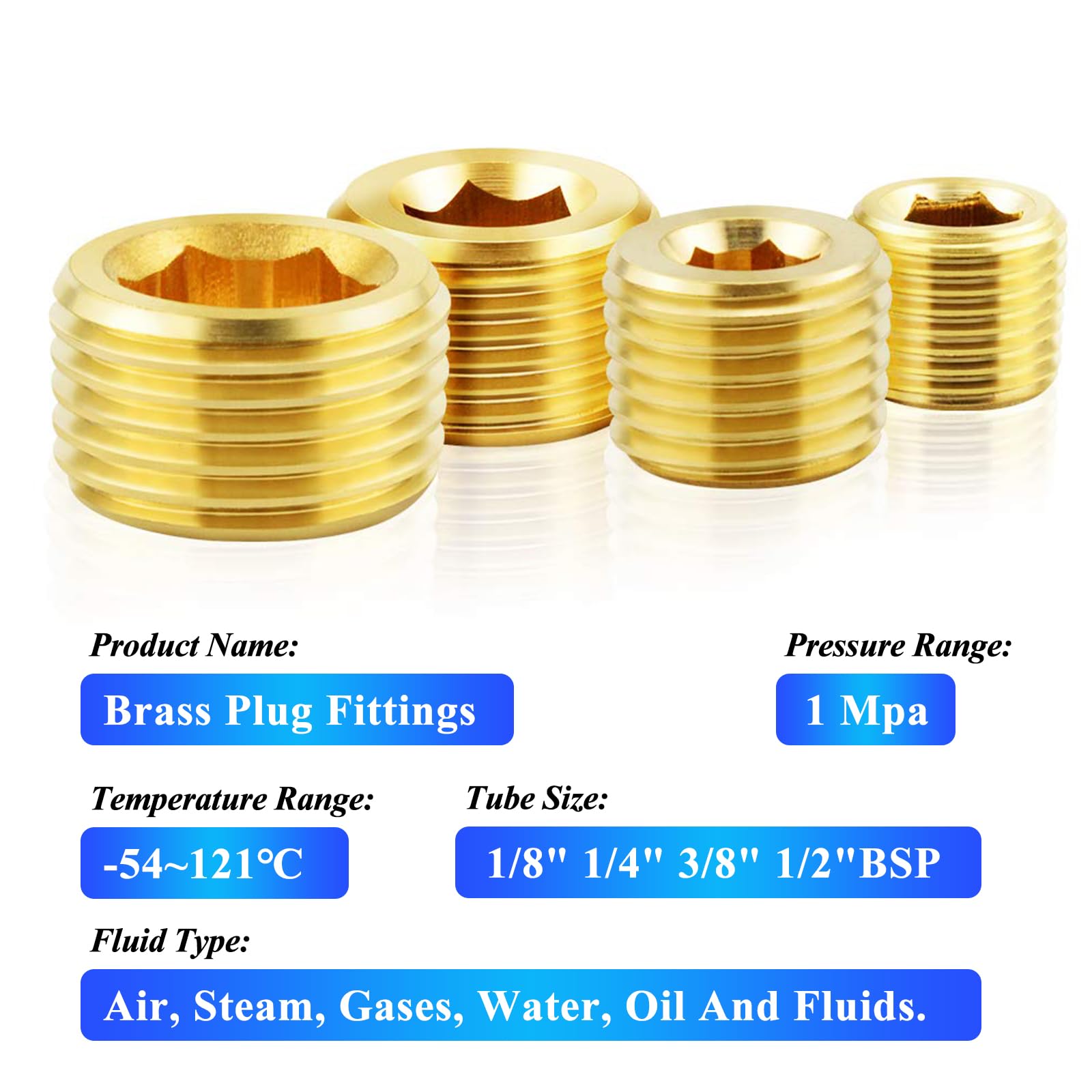 TAILONZ PNEUMATIC Brass Pipe Fitting, Hex Counter Sunk Plug, 1/8" 1/4" 3/8" 1/2" BSP Male Pipe - (Pack of 30) - Image 4