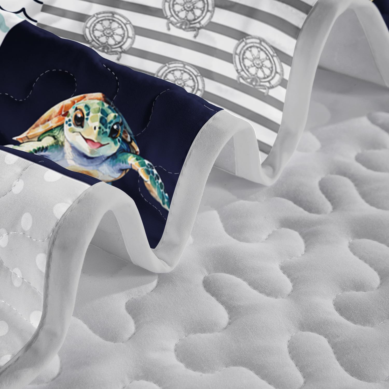 3pcs Coastal Cottage Nautical Quilt Set King Size- Anchor, Sailboat, Compass Design! Reversible Patchwork Bedspread Coverlet - Blue, Gray, White - Preppy Aesthetic Bedding