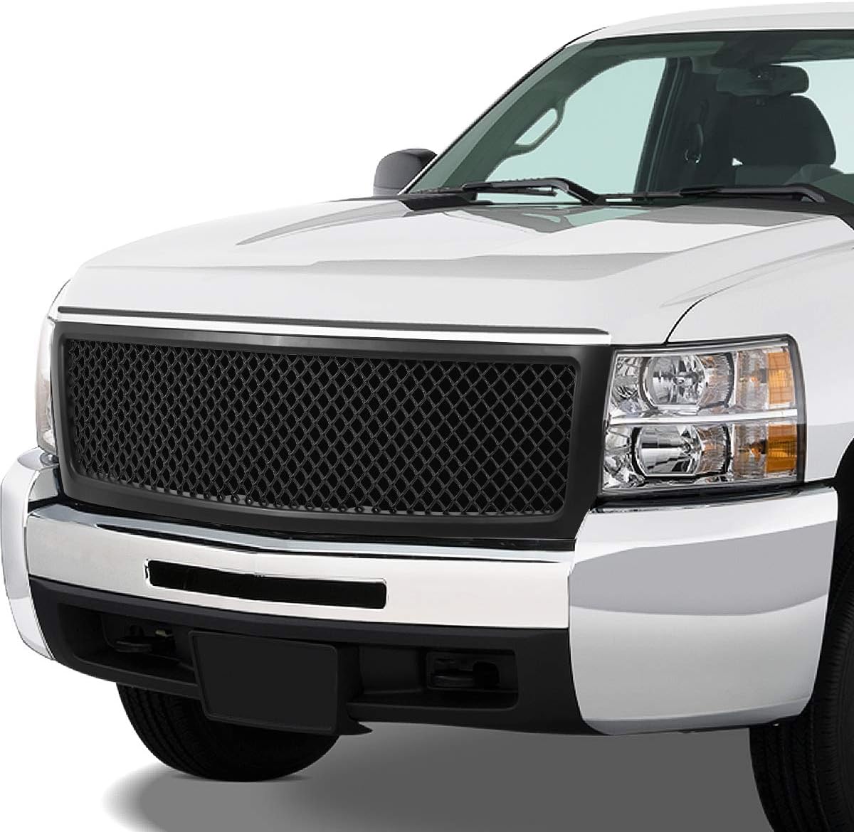 Auto Dynasty Front Upper Bumper Grille Grill Replacement Compatible with 2007-2013 Chevy Silverado 1500, ABS Plastic, Mesh Style, Matte Black