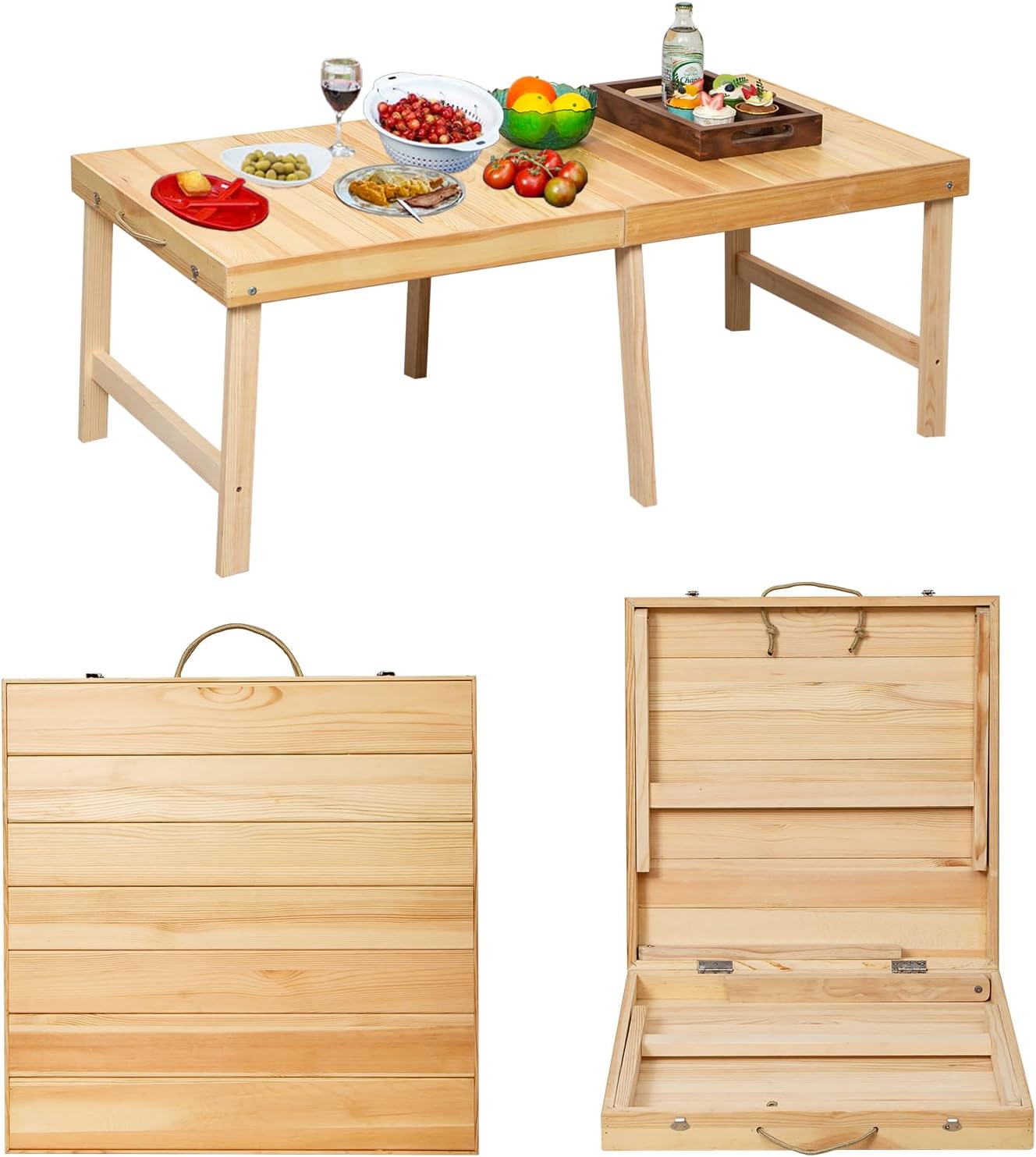 Foldable Boho Wooden Picnic Table, No Assembly Required Portable Outdoor Indoor Low Picnic Table for Floor Seating, Beach, Camping, BBQ, Backyard, 48" x 24", Seats 4–6 People