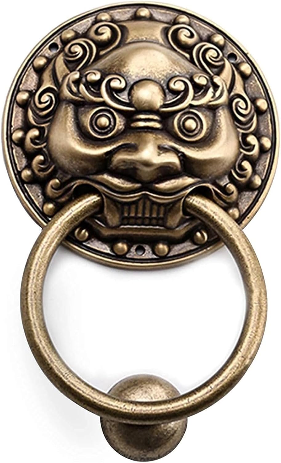 Round Brass Lion Door Knocker Chinese Style Brass Door Knocker Brown Gate Knockers Vintage Beast Handle for Door Fence Cupboard Pull Ring