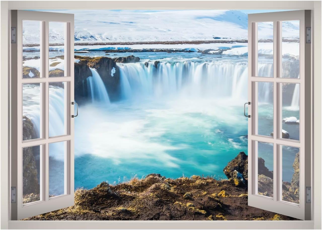 Cascade View Window 3D Wall Decal Art Removable Wallpaper Mural Sticker Vinyl Home Decor West Mountain™ W148 (Giant (65''W x 46''H))