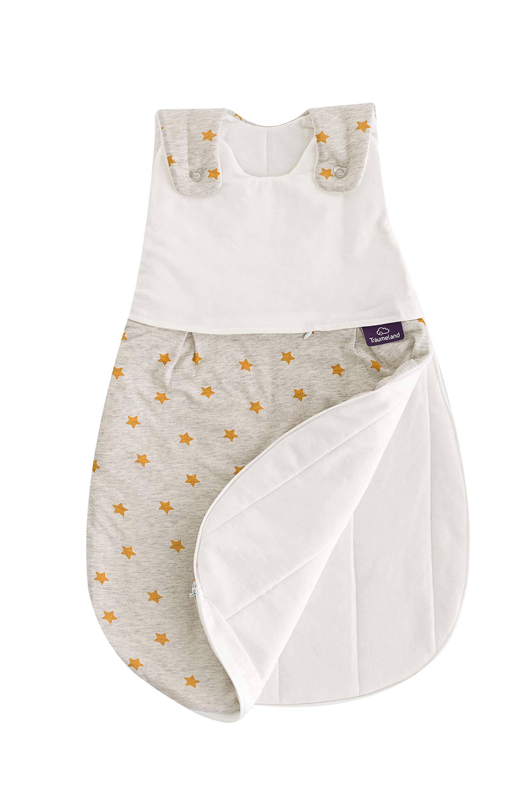 Träumeland S0103507 Ganzjahresschlafsack LIEBMICH mit doppelt regulierbarer Belüftung und Naturfaser Tencel, Design Sternentraum gelb, Größe 80/86, mehrfarbig