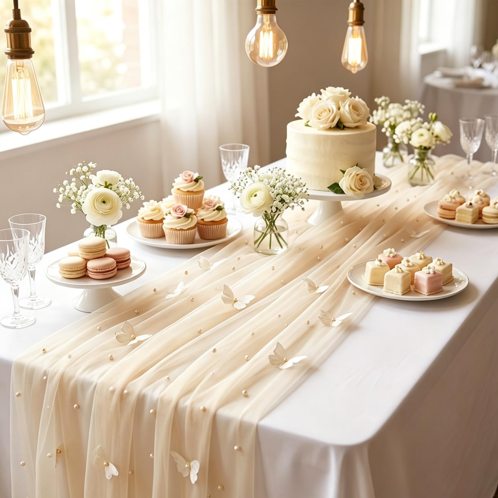 CYunhui Tulle Table Runner 75 x 300cm with Butterfly Beads, Beige, 1 Pcs