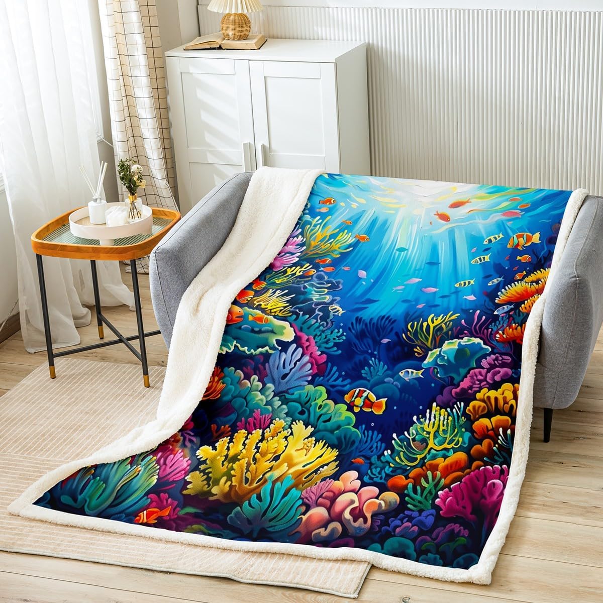 Undersea World Fleece Blanket,Watercolor Ocean 3D Print Bed Blanket for Kids Teens,Colorful Coral Seaweed Marine Life Fish Flannel Blanket for Room Decor,Queen 90"x90"