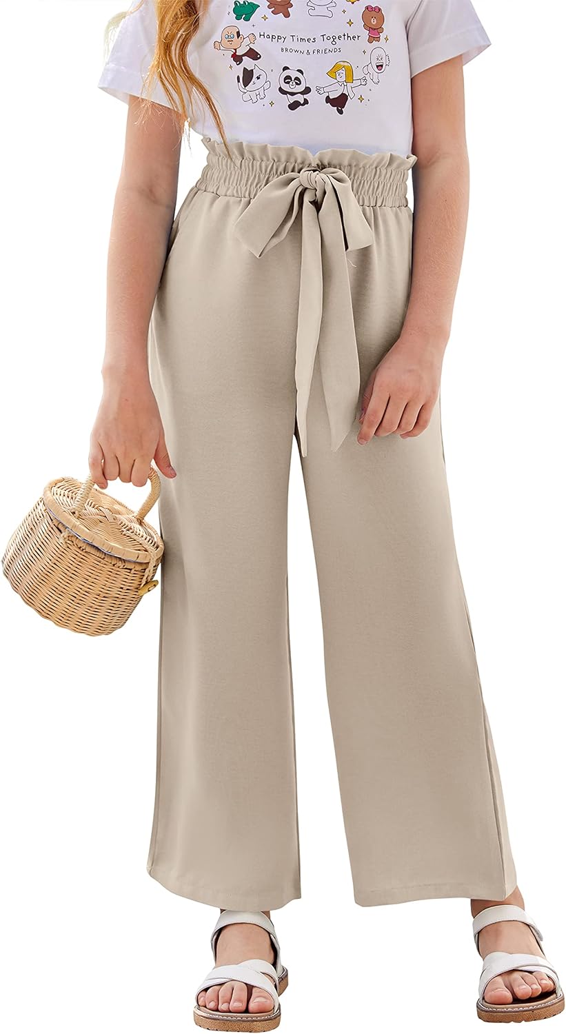 SySea Girls Wide Leg Pants Kids Cute Print High Waisted Loose Fit Comfy Belted Lounge Trousers with Pockets
