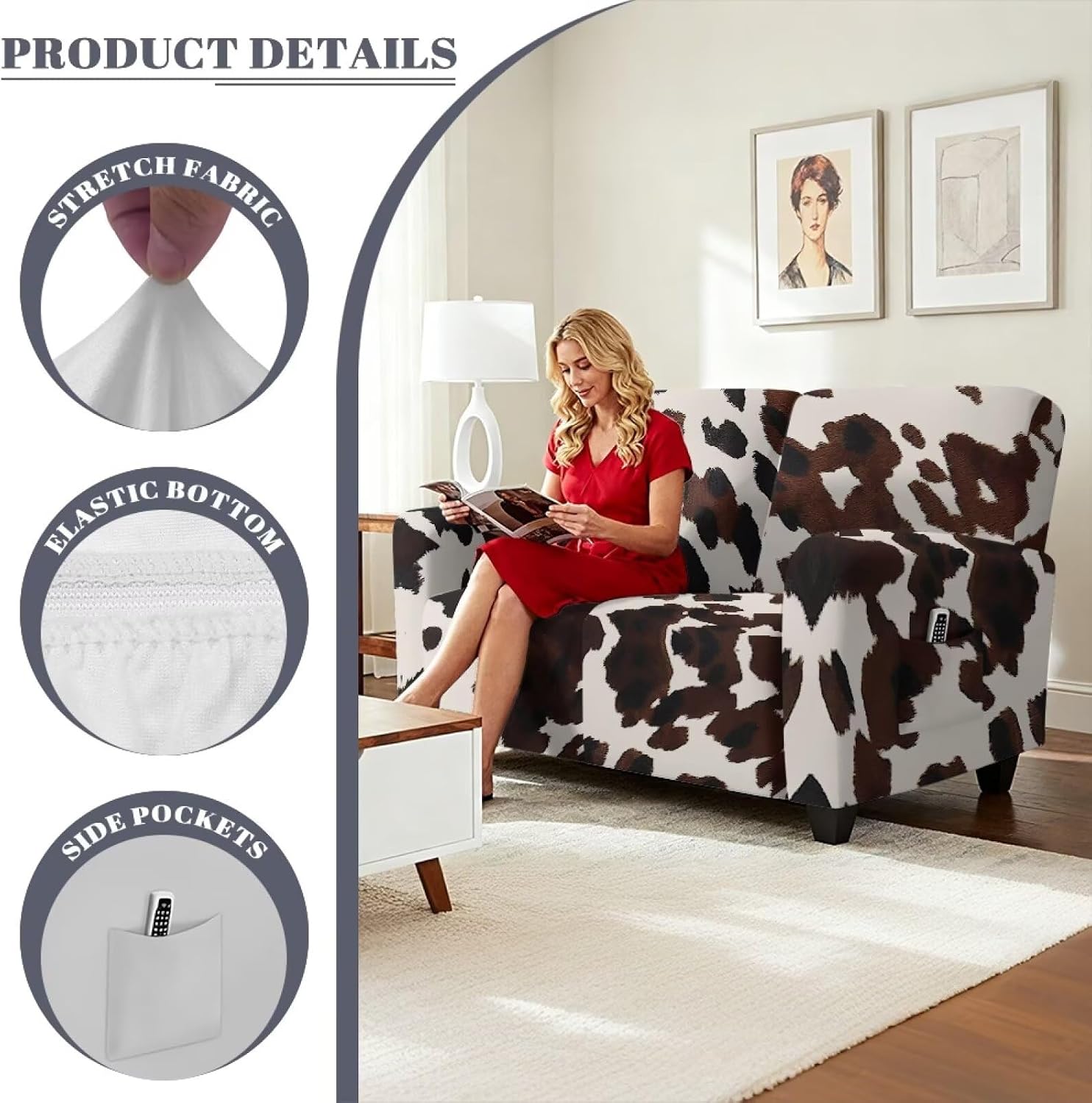 Brown Cow Print Recliner Loveseat Slipcover, 6 Pieces Recliner Sofa Covers for 2 Seat Reclining Loveseat Couch, Stretch Soft Furniture Protector with Side Pockets