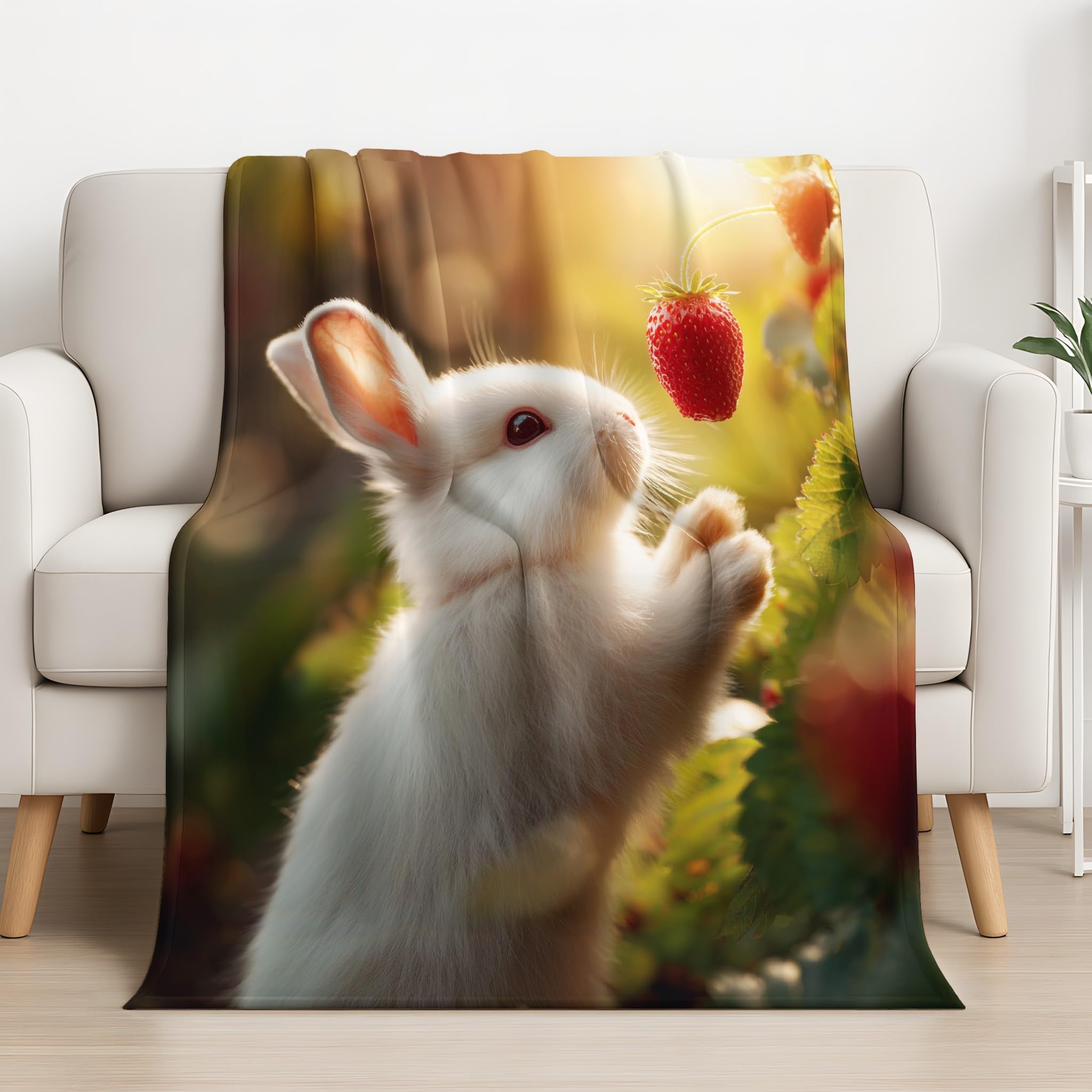 Générique 2-osobowa narzuta na sofę marzycielski świeży flanelowy koc truskawkowy królik pluszowa mikrofibra kosz odpowiedni dla dzieci 180 x 200 cm, biały