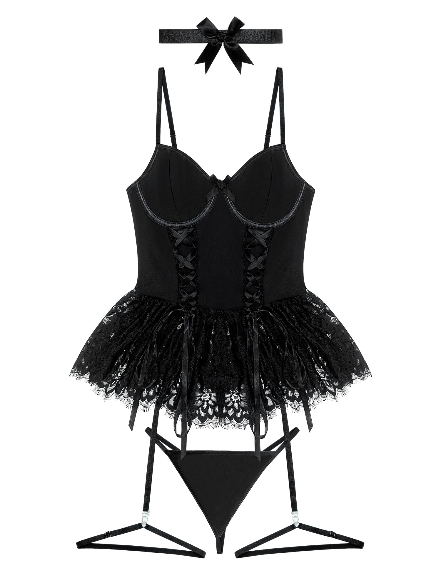 Women Sexy Lingerie Set Naughty Lace Up Corset Bodysuit Underwire Lingerie Babydoll With Garter Belt and Bow Tie