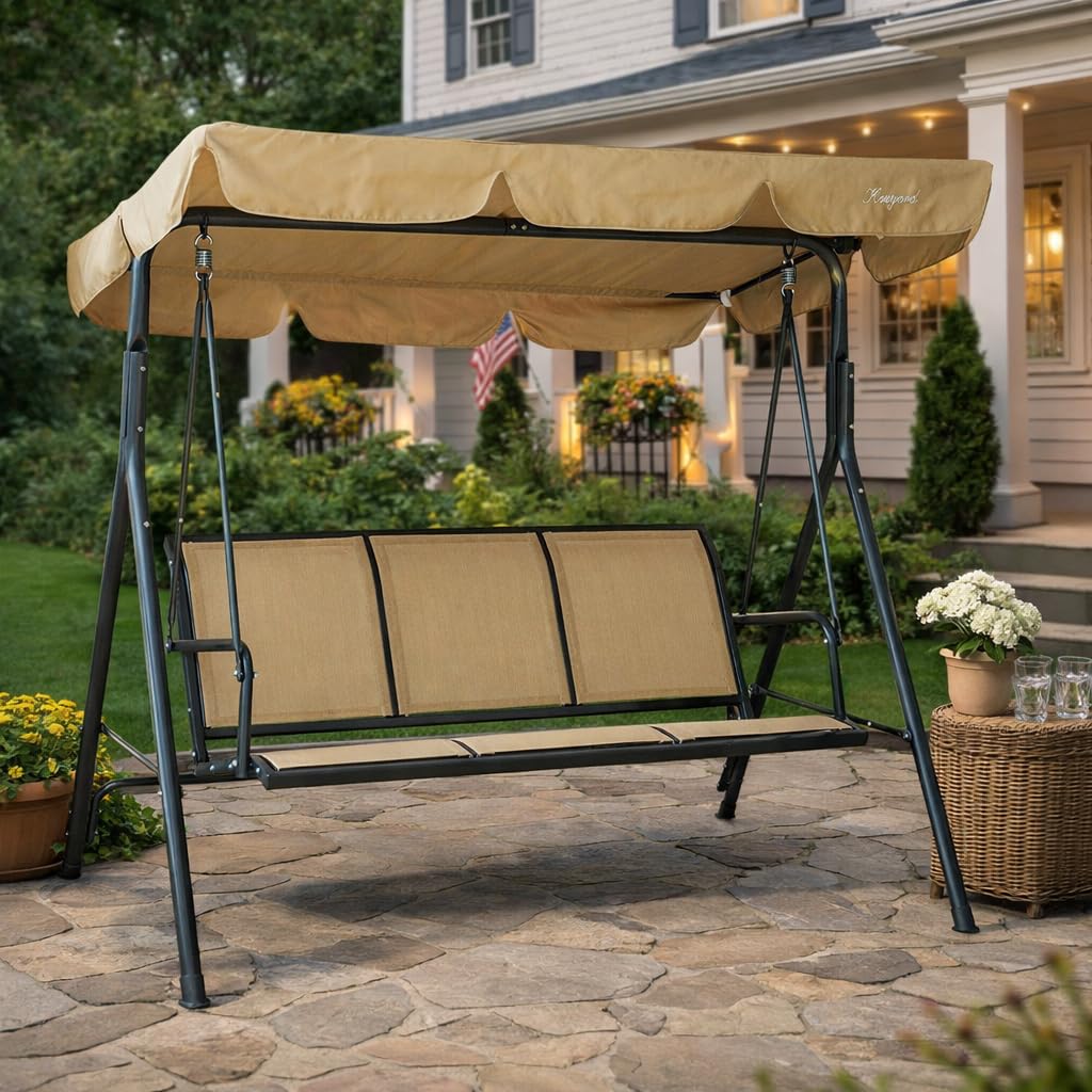 3-Person Outdoor Canopy Porch Swing Chair, Breathable Textilene Armrest Seat, Adjustable Shade, Heavy-Duty Powder-Coated Steel Frame Swing for Patio, Backyard, Poolside & Balcony, Beige