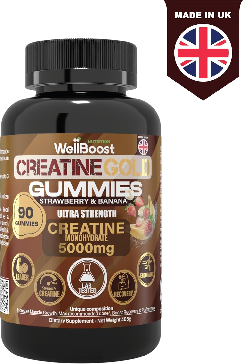 WellBoost Creatine Gold – 5000mg Creatine Monohydrate, Vegan, Sugar-Free Gummies for Lean Muscle Growth, Endurance, Recovery & Energy (1 Month Supply) in Starwberry and Banana Flavour.