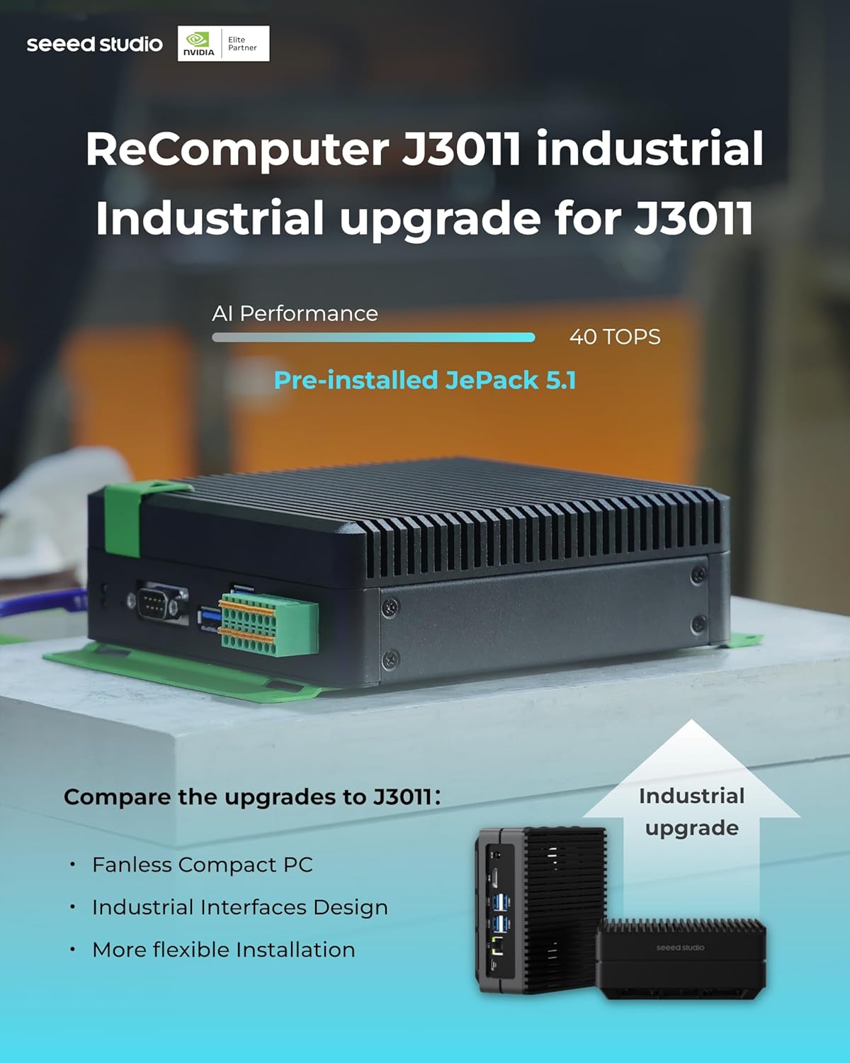 seeed studio reComputer Industrial J3011- Fanless Edge AI Device with Jetson Orin Nano 8GB Module, Aluminum case with Passive Cooling, 2xRJ45 GbE, 1xRS232/RS-422/RS-485, 4xDI/DO, 1xCAN, 3xUSB3.2