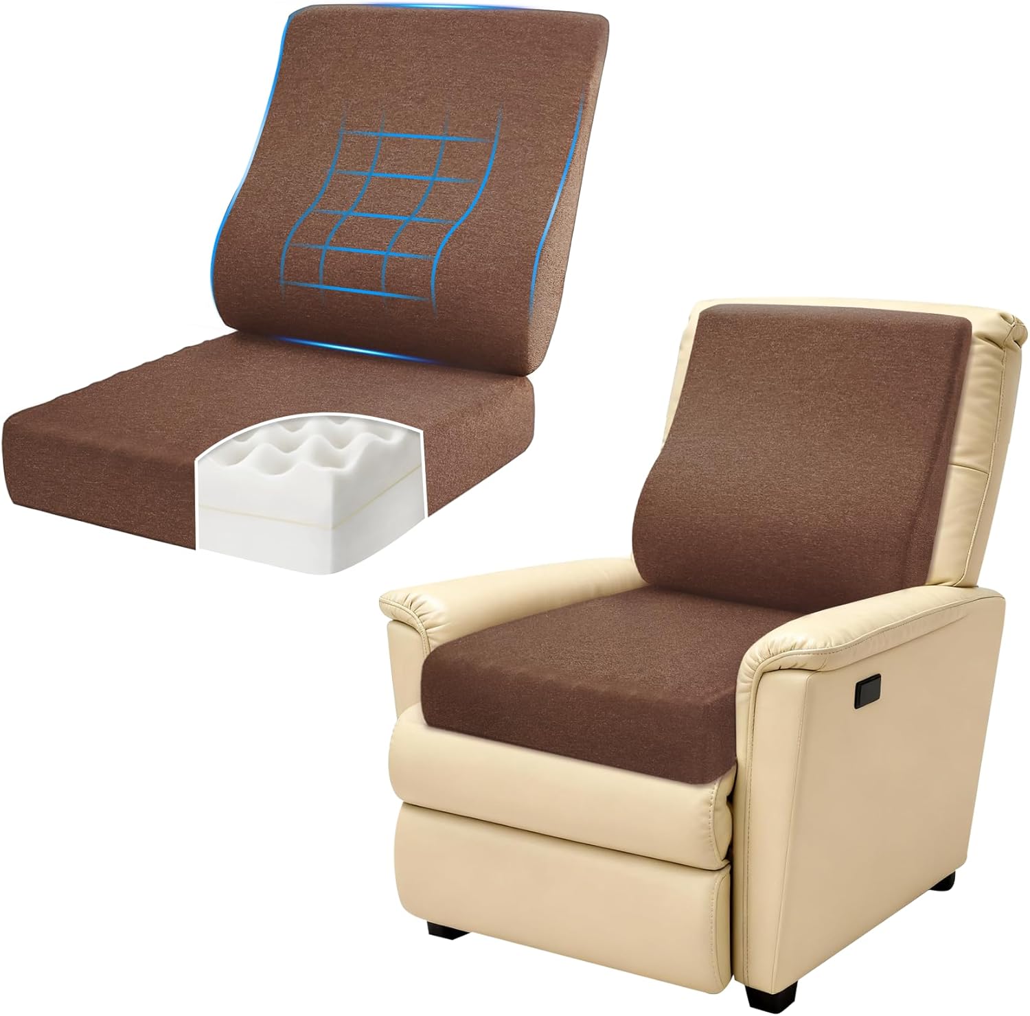 2-in-1 Recliner Cushions for Elderly Egg Crate Foam Seat Cushion and Ergonomic Back Support Pillow Non-Slip Recliner Cushions for Long Sitting Reduces Muscle Fatigue, Brown