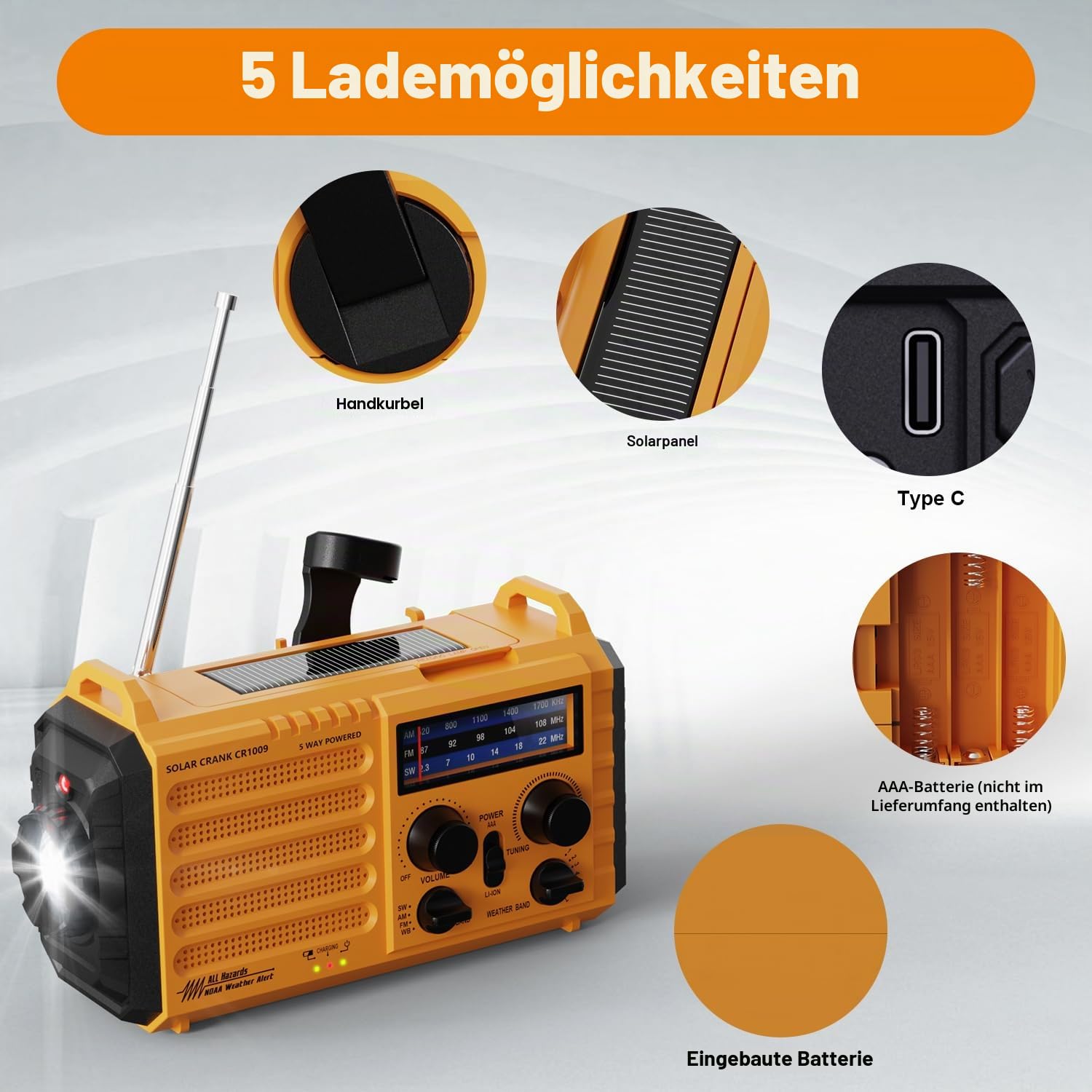 Tragbare Solar Radio, Notfall Radio mit Kurbel, Dynamo Wetter AM/FM/SW Radio, 5000mAh Wiederaufladbare Powerbank, Typ C Anschluss, LED Taschenlampe&Leseleuchte, SOS Alarm, Kompass für Camping Outdoor