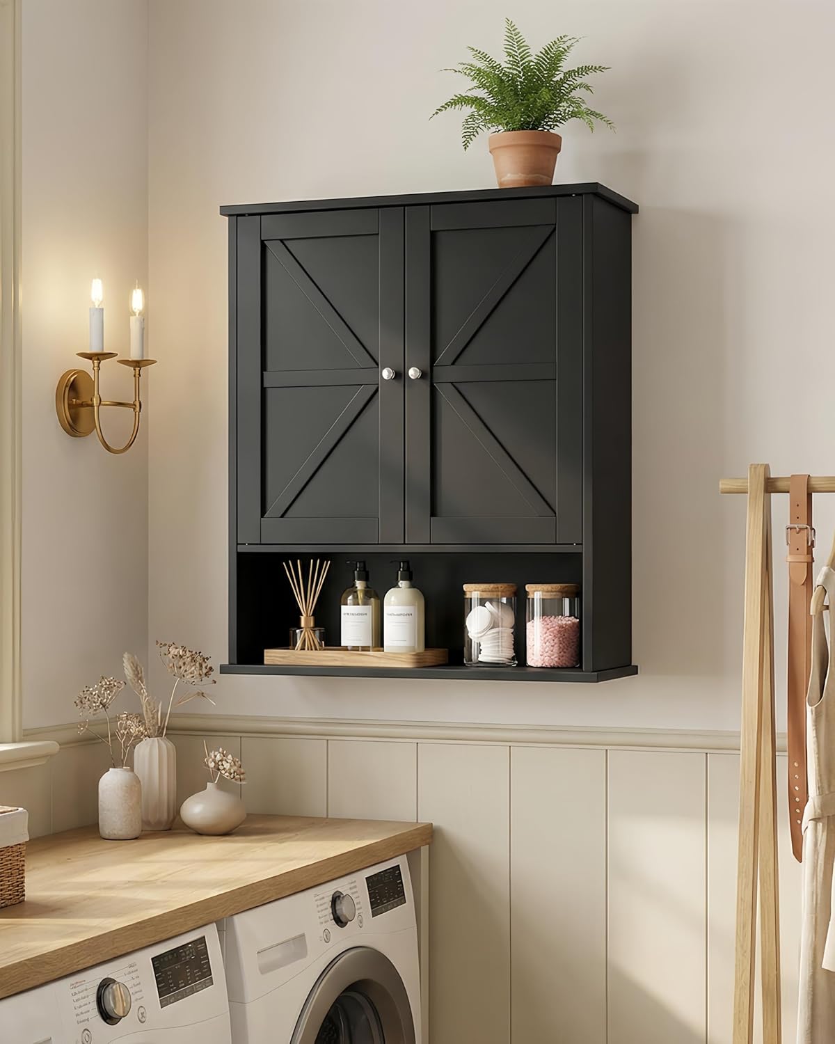 Keehusux 23.6" W x 27.6" H Large Black Bathroom Wall Cabinet with Adjustable Shelf, Farmhouse Medicine Cabinet with 2 Barn Doors, Wooden Over The Toilet Storage Cabinet for Kitchen, Laundry, Entryway