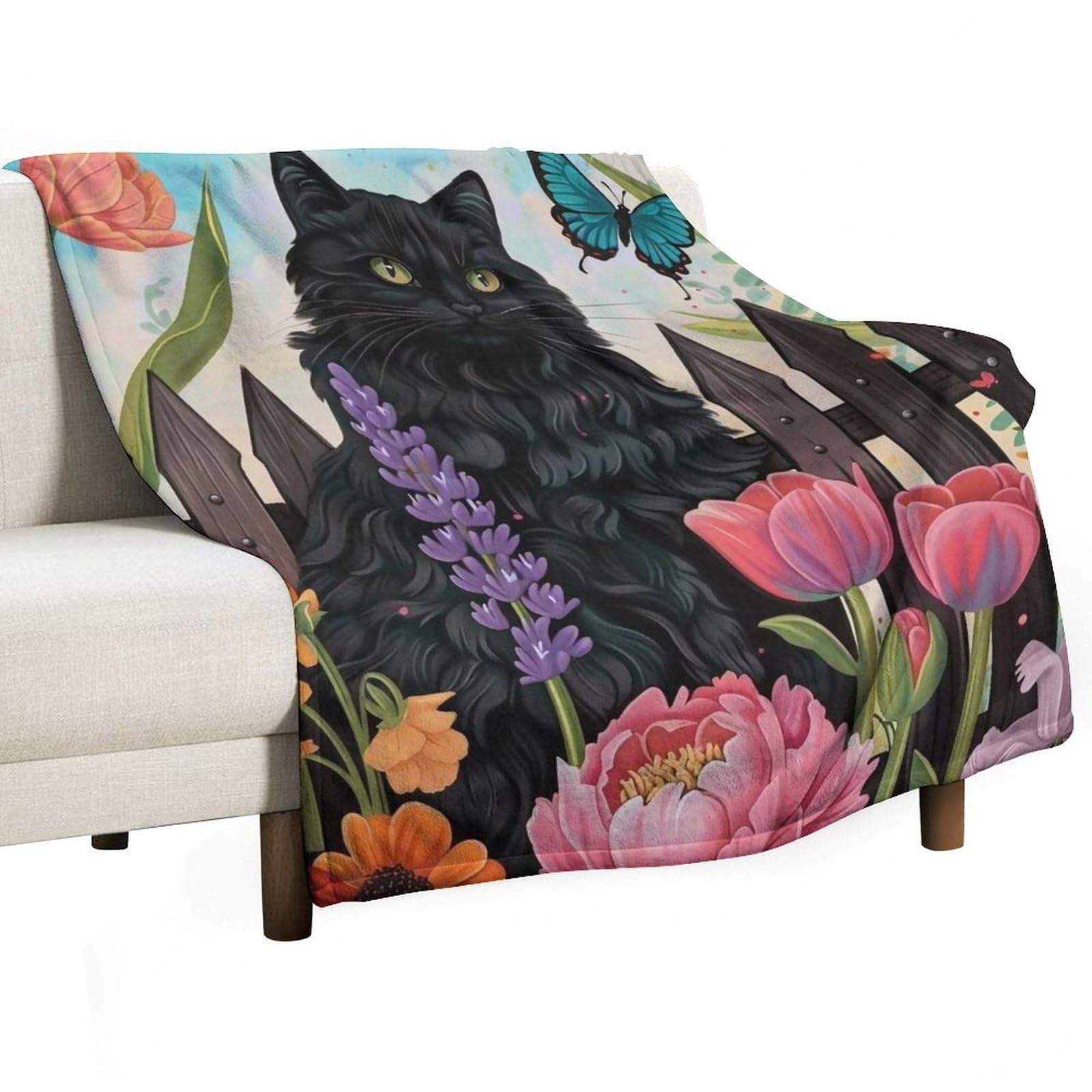 YHGSREUOH Always-Stay-Humble-&-Kind-Black-Cat-Butterfly-Cottage-Garden_01 Flannel Blankets Fleece Soft Throw Lightweight Plush Gifts for Couch, Bed, Cozy Sofa Plush, Chair, Lovers 130x150cm(50x60in)