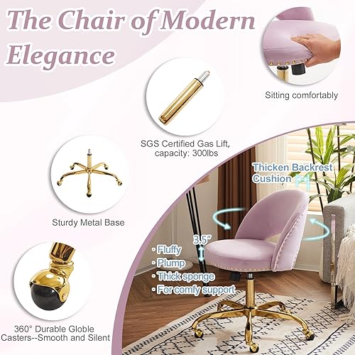 Vista 13 de VINGLI Silla de oficina pequeña de terciopelo moderna, bonita silla de escritorio con ruedas, base dorada/tachuelas, cómoda silla giratoria sin Beige