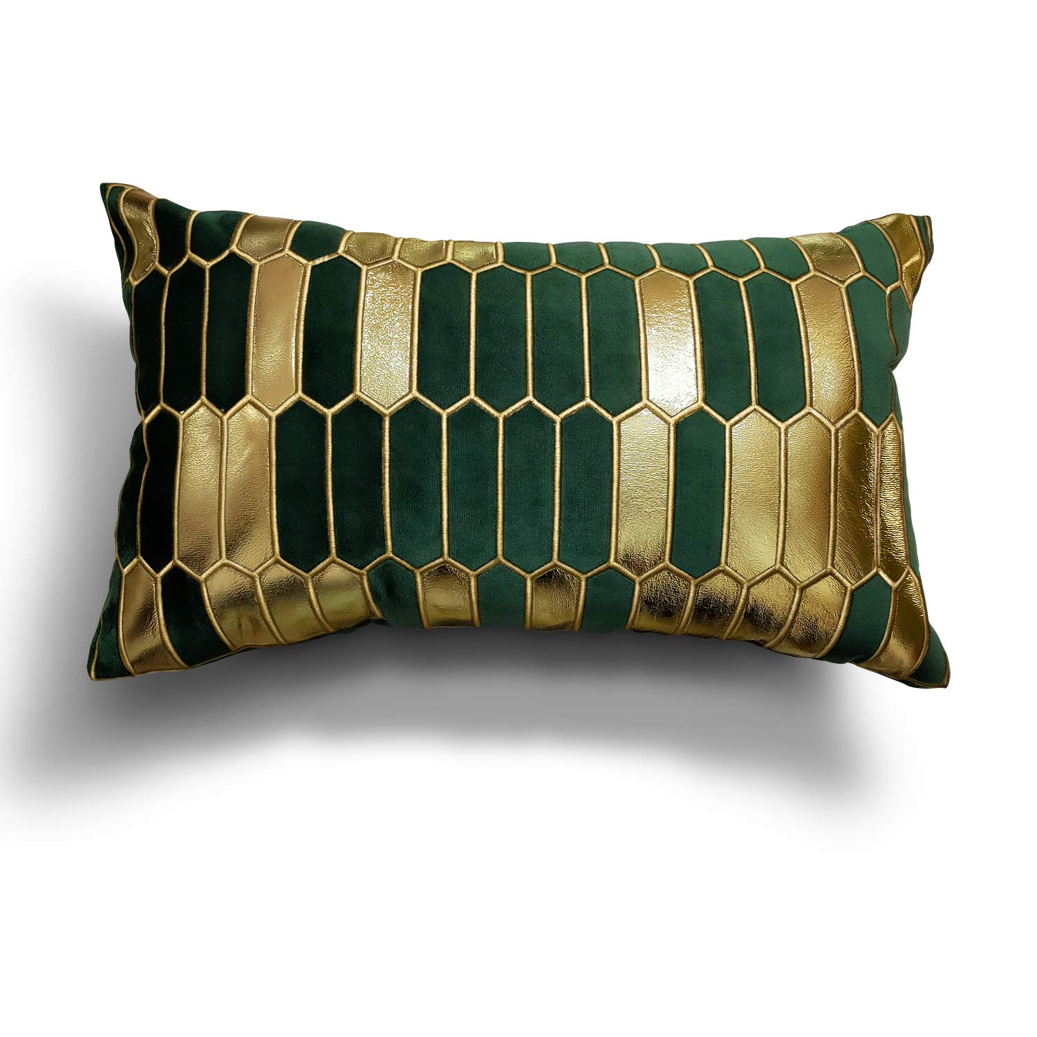 MENGT Dark Green and Gold Lumbar Pillow Cover 12x20 Inch Soft Velvet Material Modern Design Embroidery Decorative Pillow Case Luxury European Style Cushion Cover for Sofa Bed Car Chair Living Room