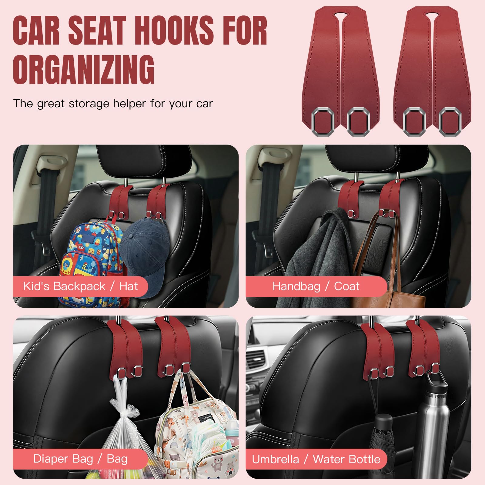 Lot de 2 crochets de sac à main pour appuie-tête de voiture, cuir synthétique, cristaux doubles en métal pour porte-monnaie, sacs à main, organiseurs et rangement de siège arrière de voiture