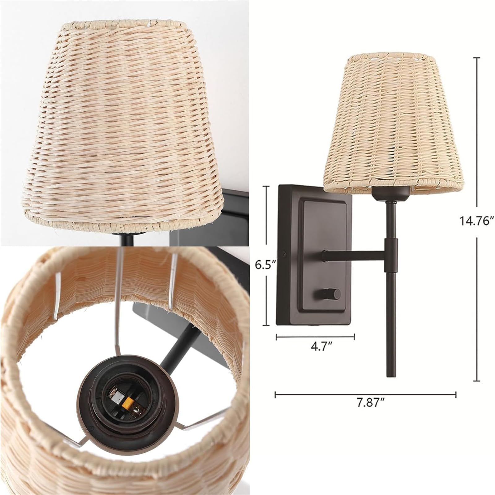 Kinkiet wewnętrzny owinięty rattanem z wtyczką, E27, oprawa vintage, przełącznik światła, czarny metalowy, nostalgiczny, z wiklinowym kloszem, do salonu i biura