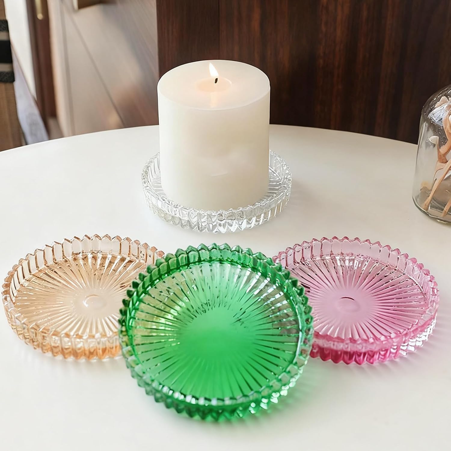Round Glass Candle Tray Plates for Dining Wedding Christmas Table Centerpieces Clear Glass Pillar Holders Plates Decorsative Stand for Home Decors