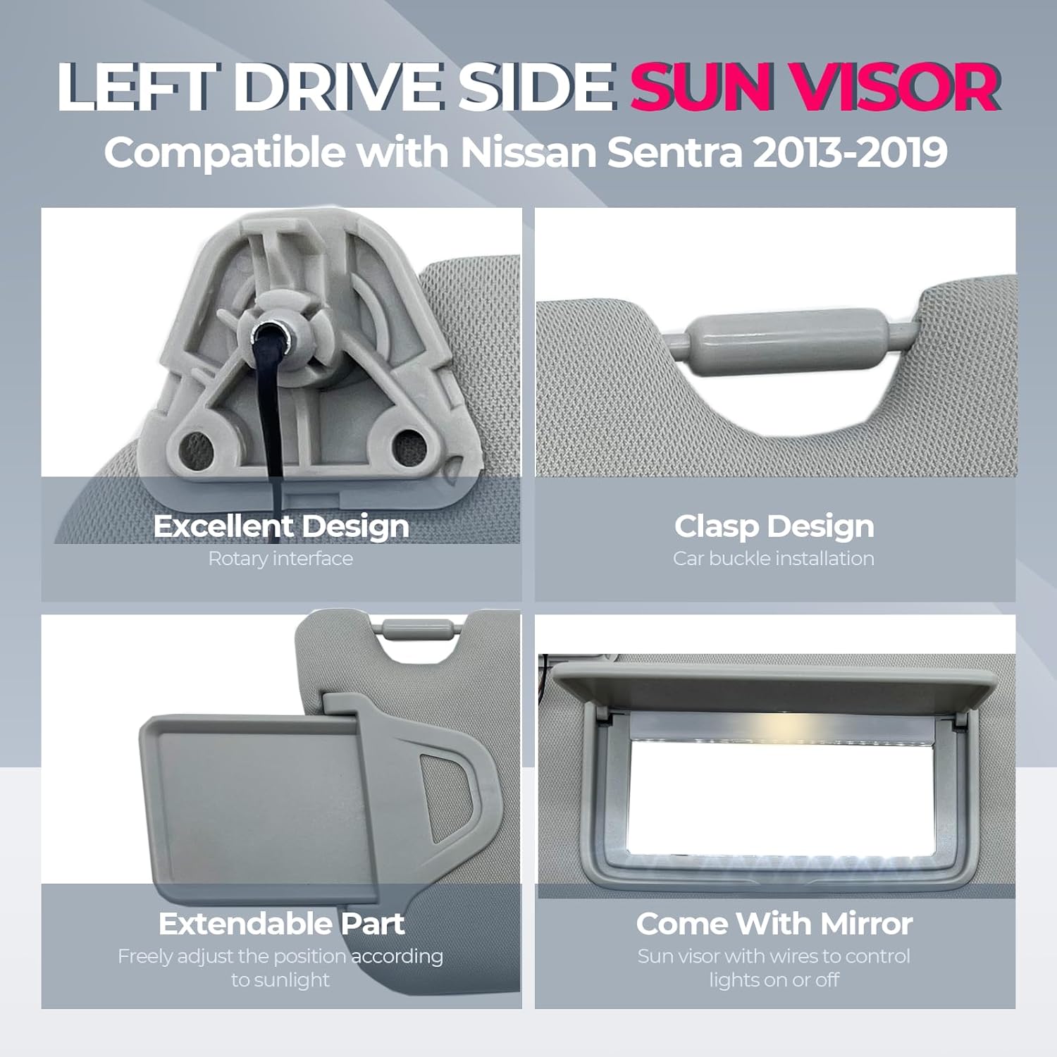 Driver & Passenger Side Sun Visor with Light Replacement Fits for Nissan Sentra 2013-2019 Sunshade96401-3SG8A 96400-3SG8A Color Gray (Gray（Driver & Passenger Side）)