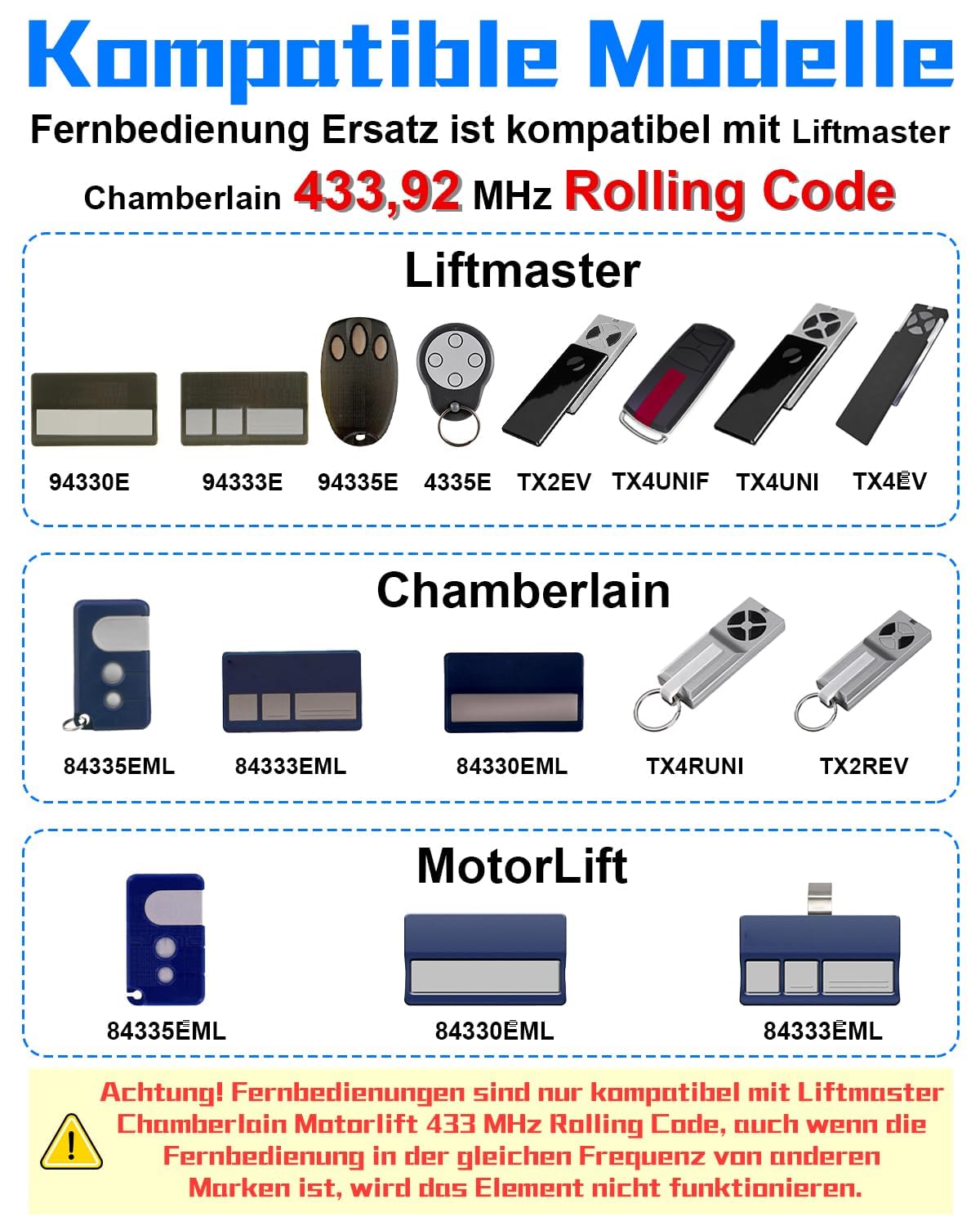 Garagentor Handsender für Chamberlain Fernbedienung TX4RUNI TX2REV, 3 Tasten einfache Programmierung, Kompatibel mit Motorlift ML510EV ML700EV ML1000EV, 2 Stück