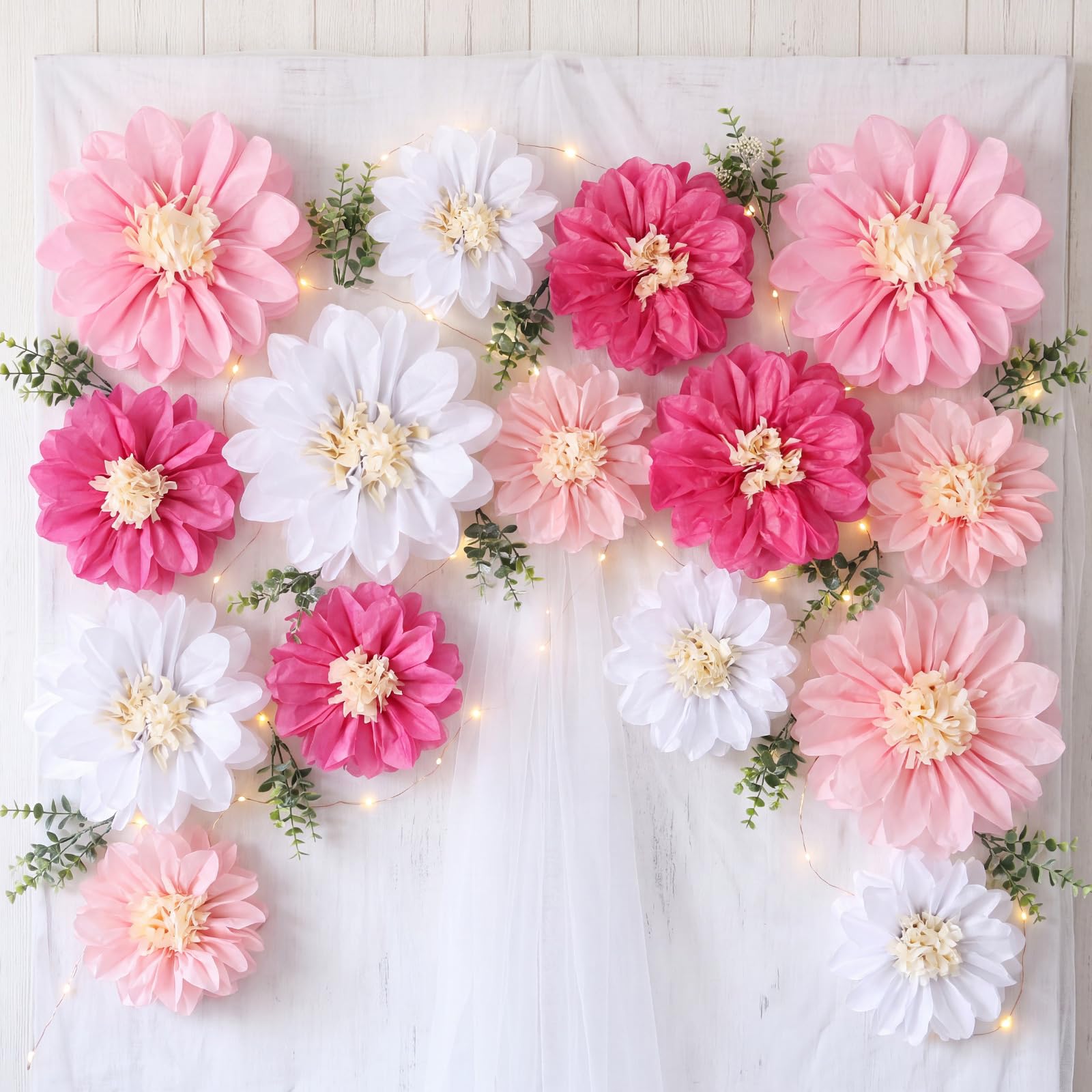 Cholemy 24 Pcs Tissue Paper Flowers 8" 10" 12", Pink, White