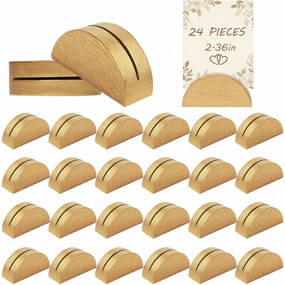24 Pcs Wood Place Card Holders Set, Rustic Wooden 15, Half Round Photo Display Stands for Wedding, Party, Café, Restaurant, Business, Home, and Office Decoration (gold)