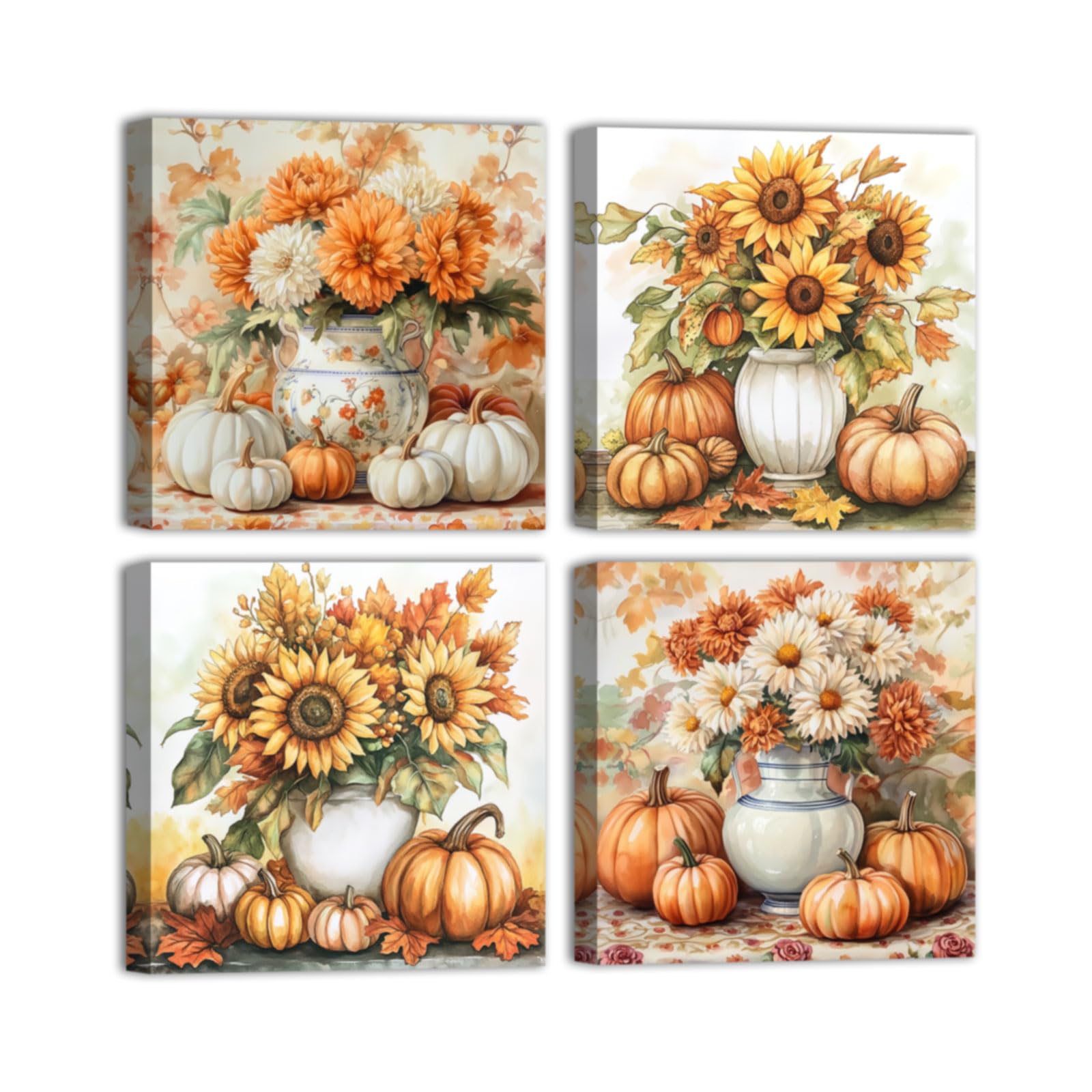 CHAOSETKEN Fall Canvas Wall Art 4 Pieces Pumpkin and Sunflower Picture Prints Farmhouse Autumn Harvest Painting Thanksgiving Day Artwork for Kitchen