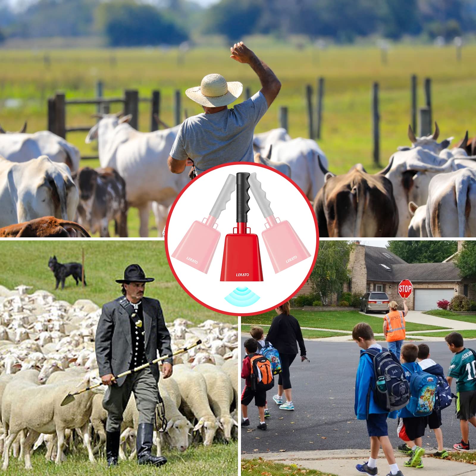 Campana de vaca de acero de 8 pulgadas con asa, paquete de 2 LEKATO para hacer ruido para eventos deportivos Campana de mano para juegos de fútbol fiesta concierto graduaciones escuela rancho (rojo)