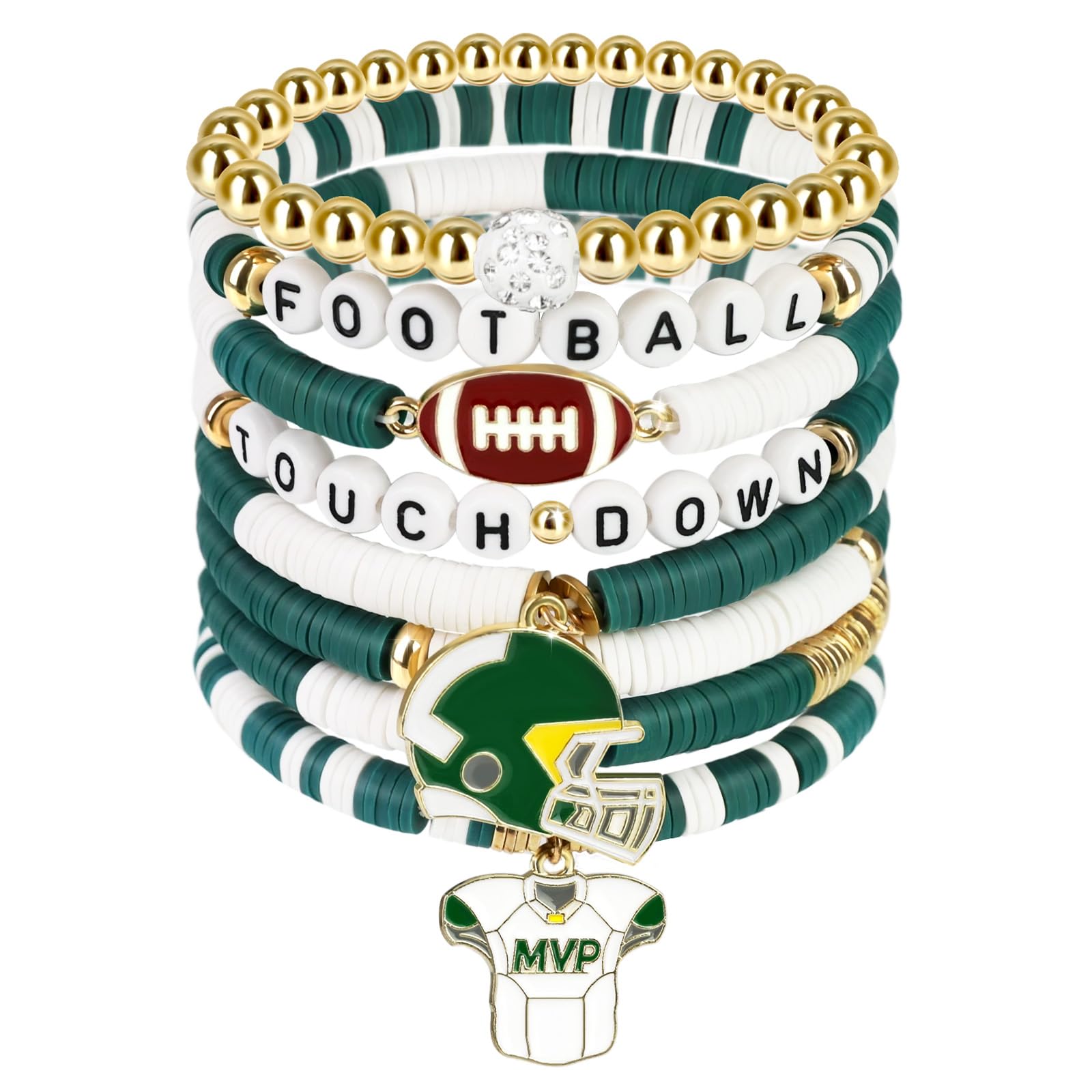 AKAIXI Game Day Football Bracelets for Women Men Friendship Hypoallergenic Clay Beaded Stretch Bracelets Stackable Sports Fans Charm