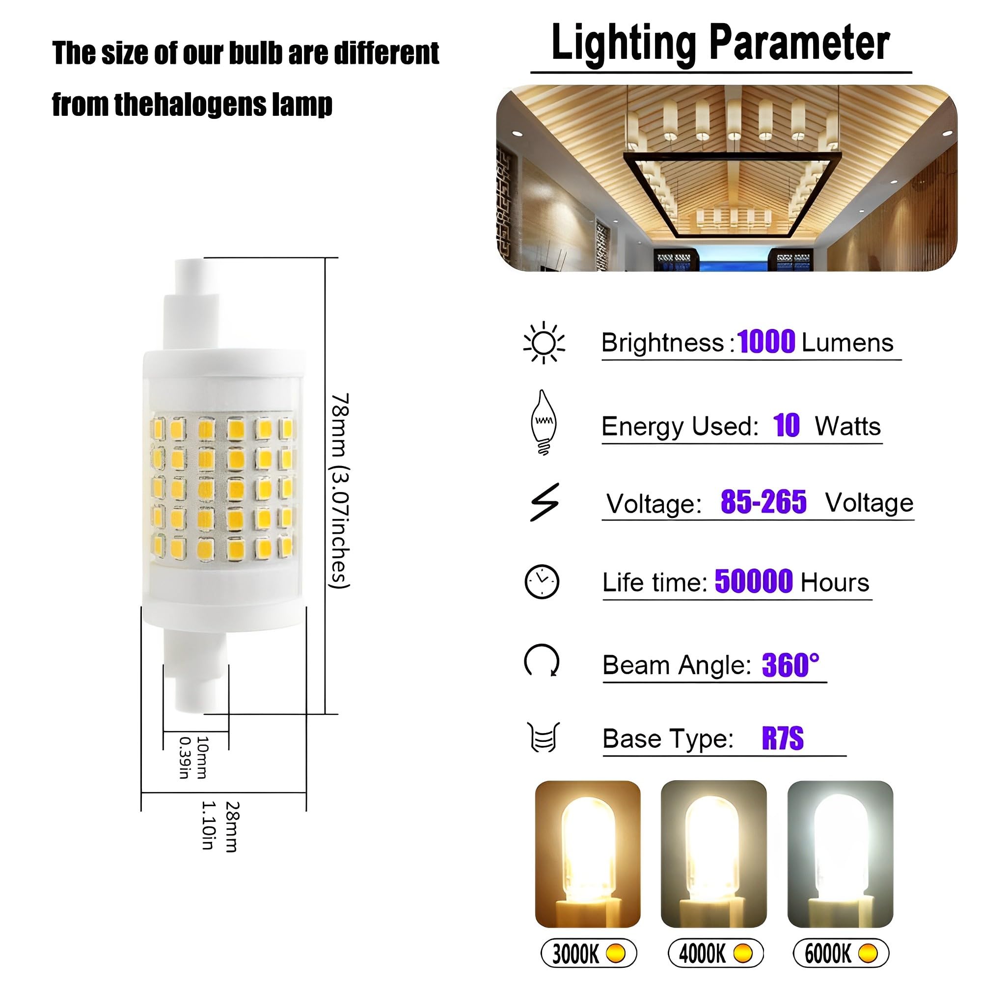 10W 1000LM R7S 78MM Bombillas LED de cerámica AC 85-265V R7S Base 100W Bombilla halógena de tungsteno Bombillas de Repuesto para iluminación de Taller Lámparas de pie (Paquete de 10)