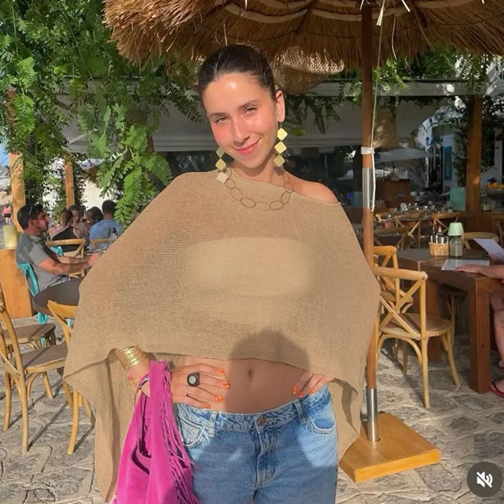 Poncho Femme Asymétrique Multifonctionnel Châle Tricoté Élégant Cape Légère Couverture d'Été Transparent pour la Plage et Soirées Formelles(Marron)
