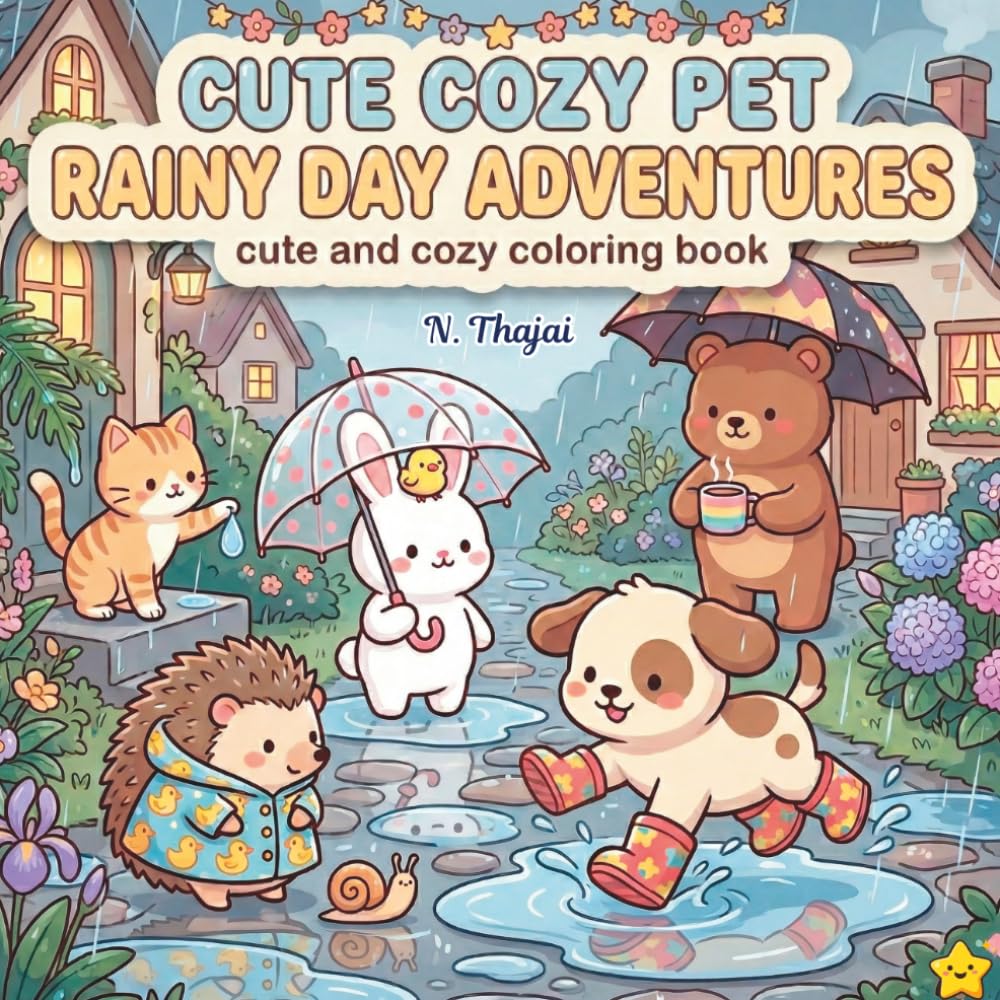Cute Cozy Pets – Rainy Day Adventures: 50+ Adorable Cozy Animal Coloring Book for Relaxation and Stress Relief, Cute Rainy Day Scenes for Teens and Adults
