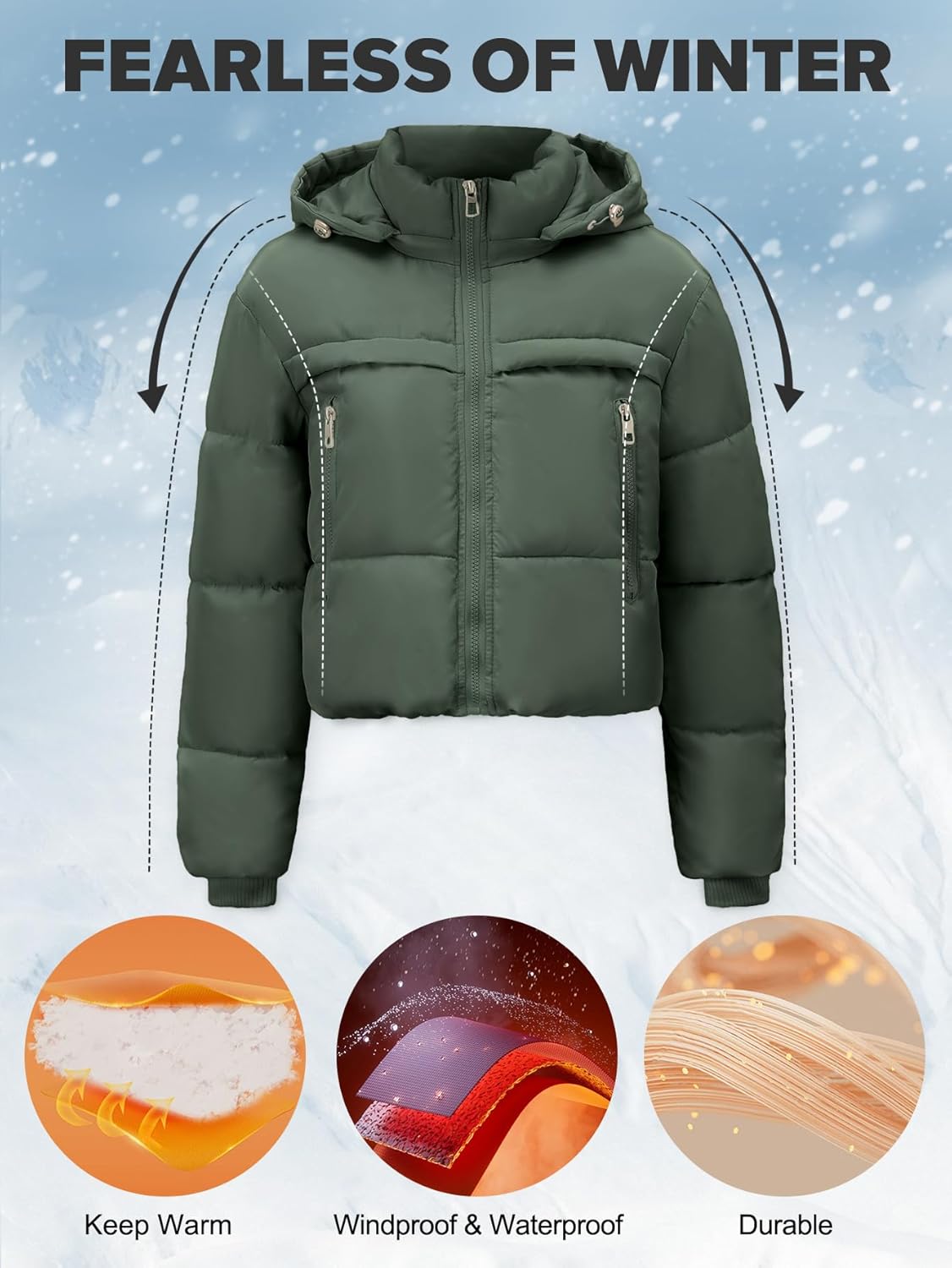 Women's Cropped Puffer Jacket Hooded Warm Padded Winter Outerwear Coat with Pockets - Image 4