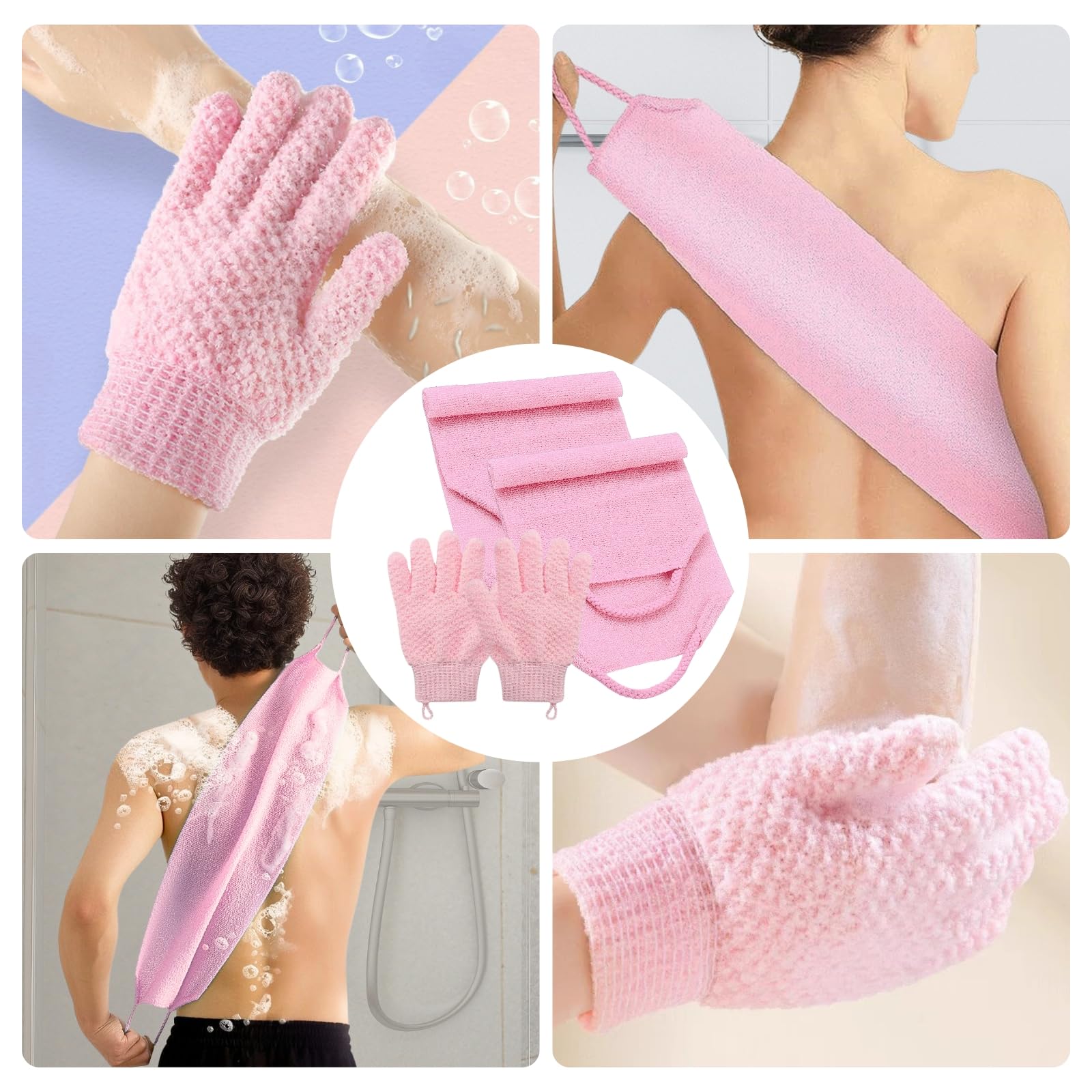 Gant Exfoliant Corps Set, 2 Pièces de Gants Exfoliants et 2 Pièces de Brosse Pour le Dos Douche, Brosse dos Douche et Gant Gommage Corps pour Usage le Corps, le Visage et le Bain (Rose)